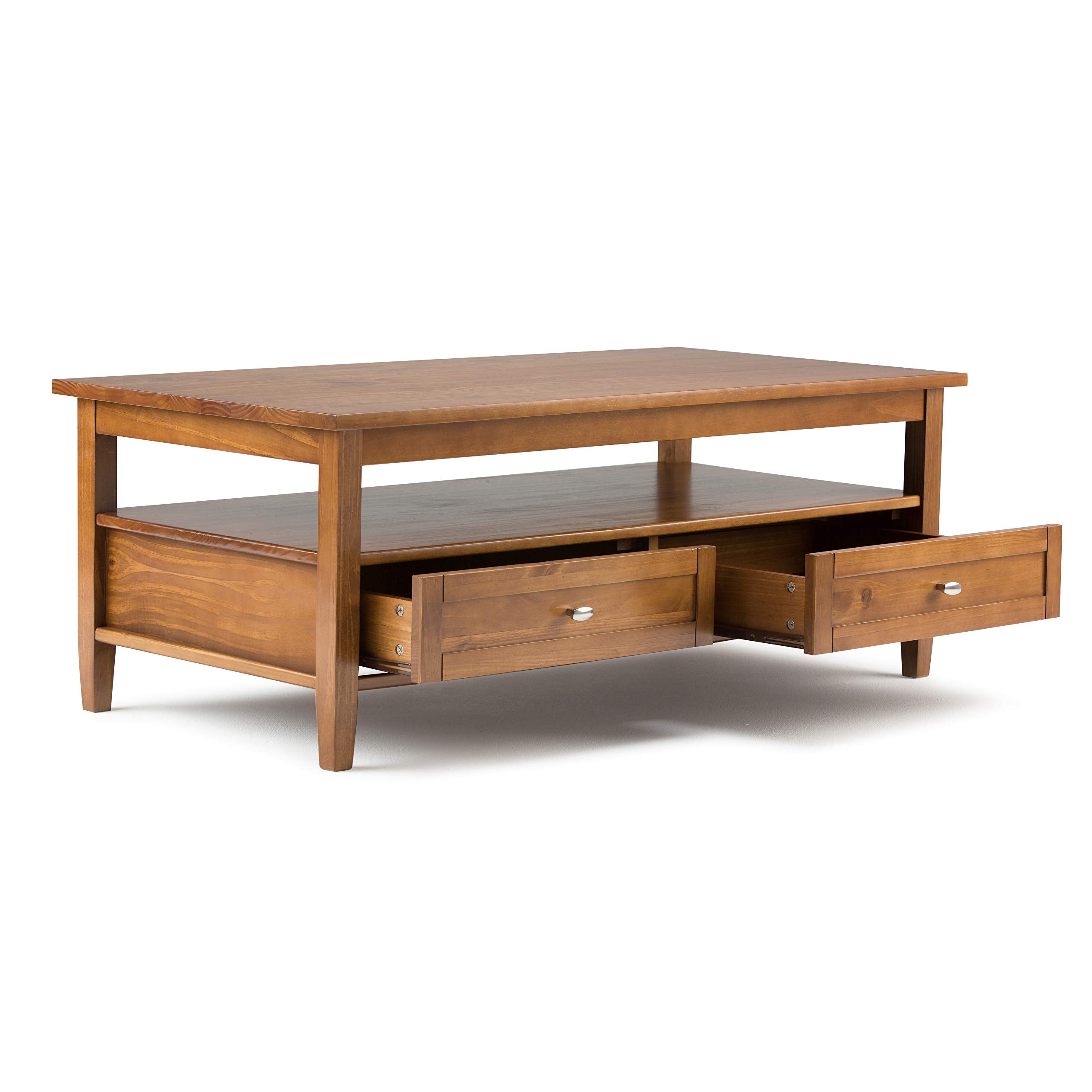 SIMPLIHOME Warm Shaker Coffee Table - 48 inch Wide Solid Wood Coffee Table in Black, Transitional Living Room Table with 2 Drawers, Open Shelf, Shaker Fronts and Tapered Legs
