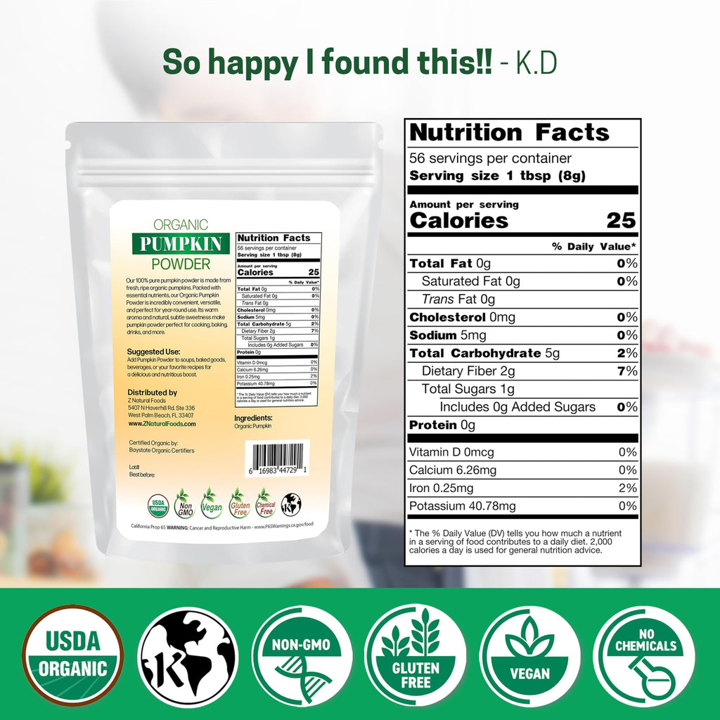 Z Natural Foods Organic Pumpkin Powder - Pure Powdered Pumpkin for Delicious Pumpkin Spice Latte, Baking, Smoothies, Juice, Puree - Dried Sweet Vegan Pumpkin Powder, Gluten Free, Kosher, 1 lb