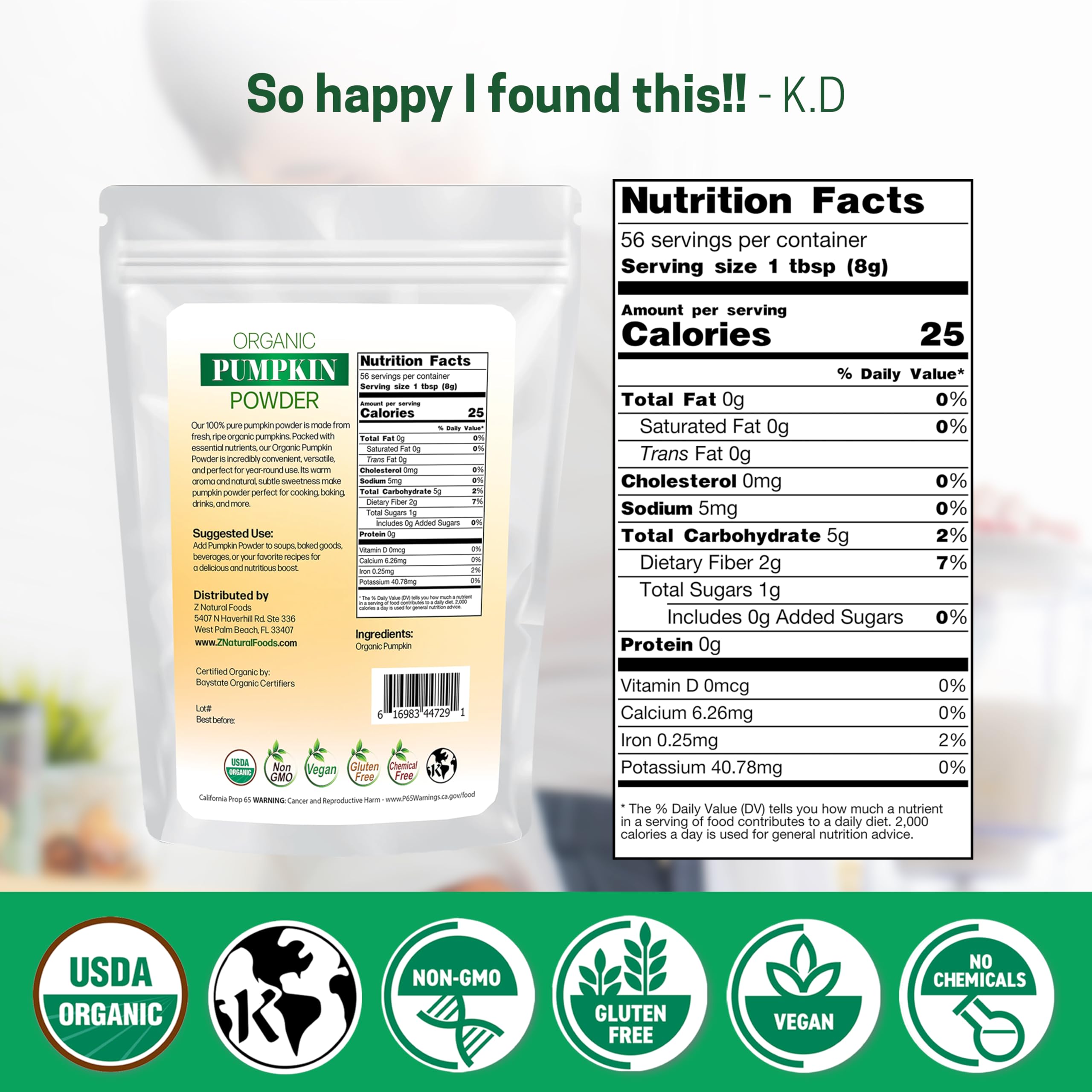 Z Natural Foods Organic Pumpkin Powder - Pure Powdered Pumpkin for Delicious Pumpkin Spice Latte, Baking, Smoothies, Juice, Puree - Dried Sweet Vegan Pumpkin Powder, Gluten Free, Kosher, 1 lb