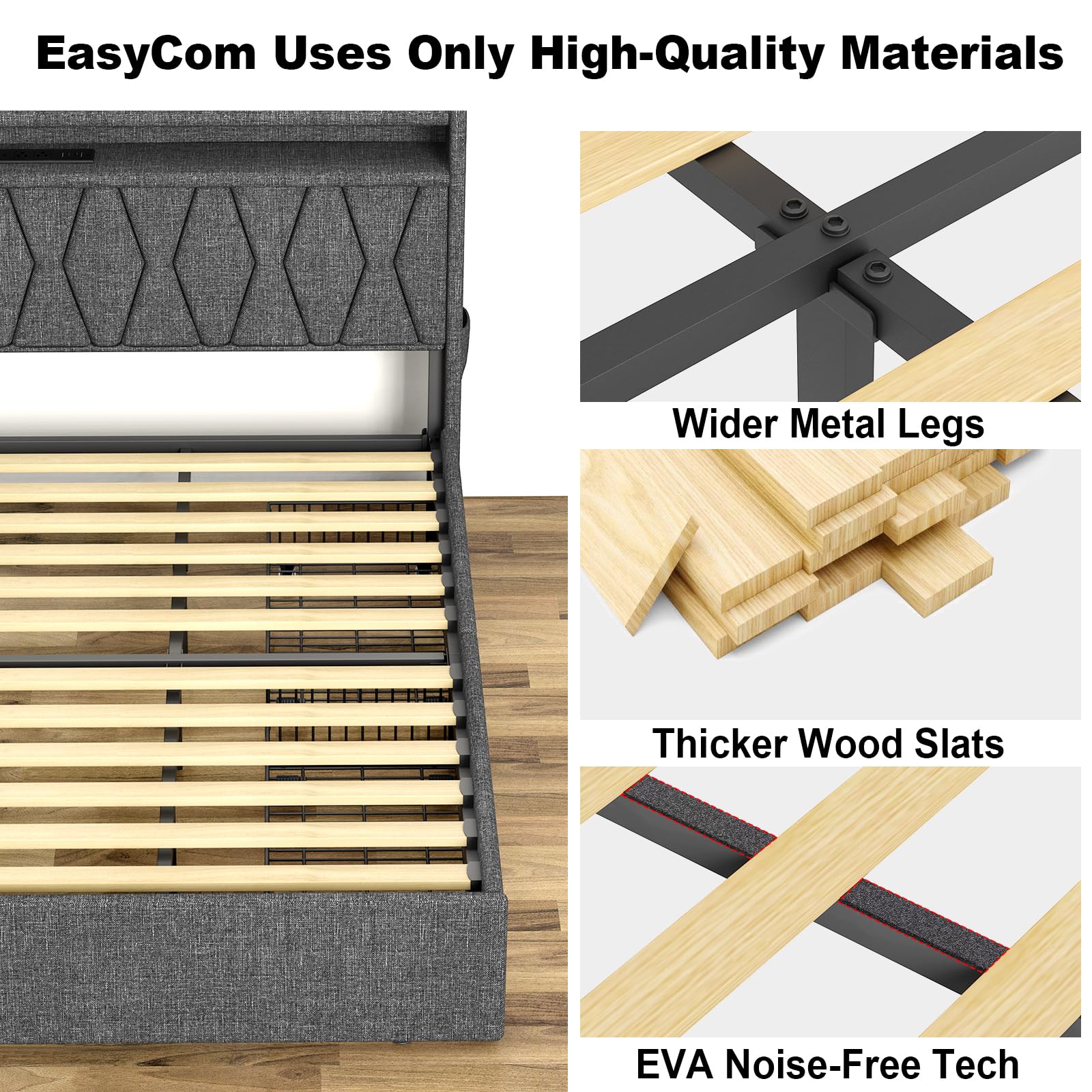 Queen Bed Frame 1500LBS Heavy Duty, 2-Tier Storage Headboard & 4 Drawers, Upholstered Metal Platform with Thicker Wooden Slats, Charging Station & LED Lights, No Box Spring Needed, Easy Assembly, Grey