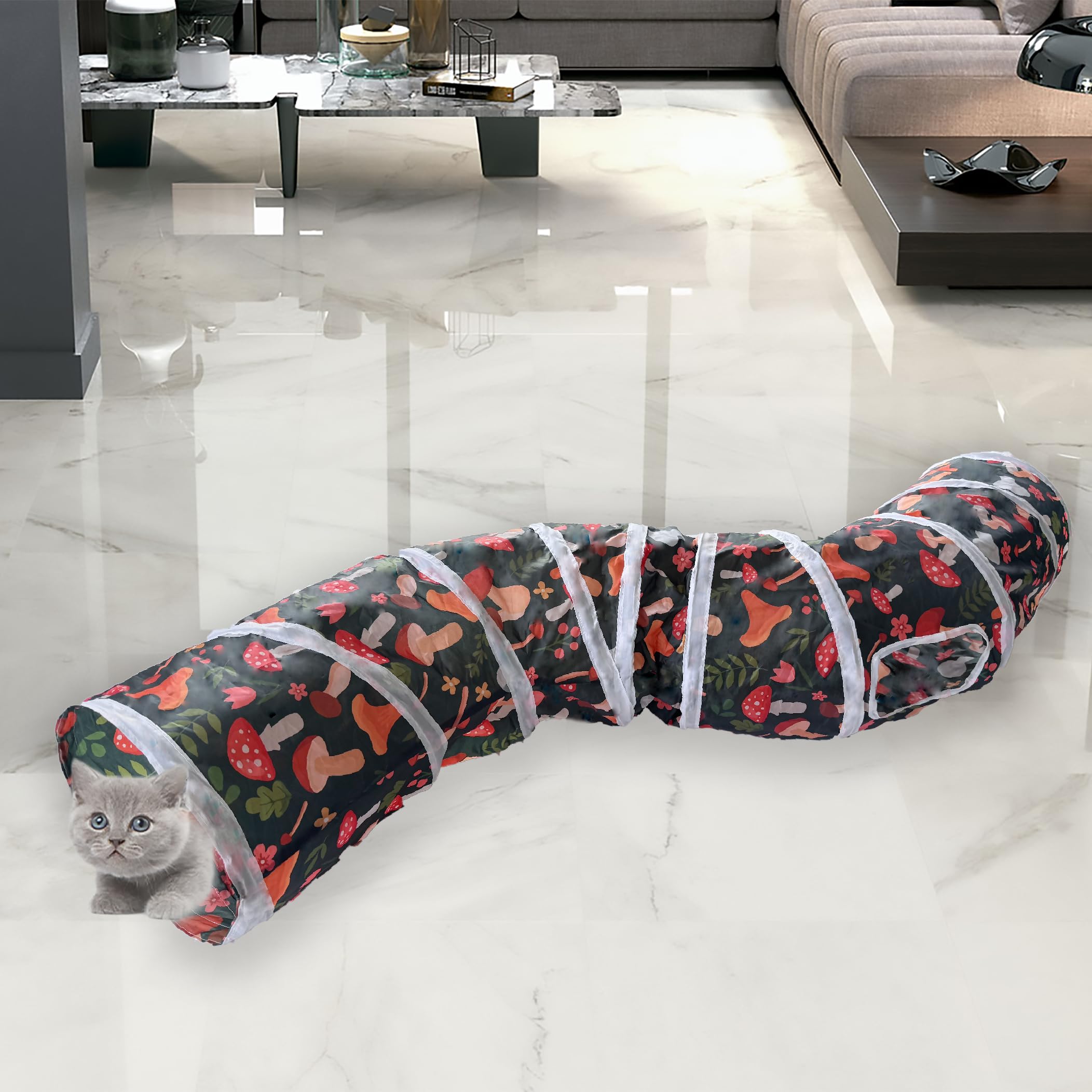 Sheldamy Cat Tunnel, 2-Way Collapsible Play Tunnel, Interactive Toy Maze for Small Animals, Suitable for Kittens, Puppies, Rabbits, Ferrets, Blue & Black