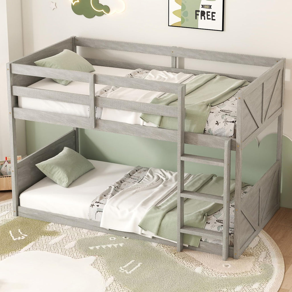 Bunk Bed Twin Over Twin, Wood Low Profile Floor Twin Bunk Beds with Headboard Ladder Guardrails for Kids Boys and Girls, No Box Spring Needed