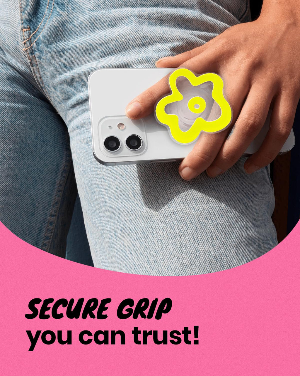 OnTheGrip Cute Transparent Daisy Flower Shape Design Mobile Phone Grip Multi Functional Collapsible Stand Holder for Smartphone Tablet Cell Phone Accessory (Black)