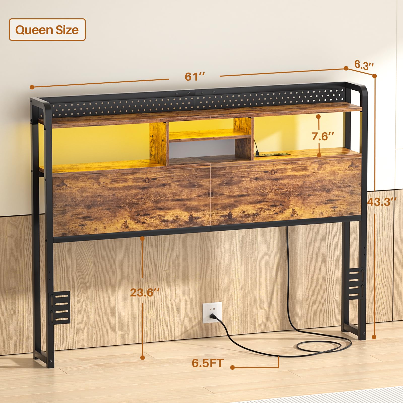 Unikito Headboard for Queen Size Bed with Storage Shelf, Head Board with 3 Outlets and 2 USB Ports, Headboards with RGB LED Light, Height Adjustable, Sturdy and Stable, Easy Assembly, Black