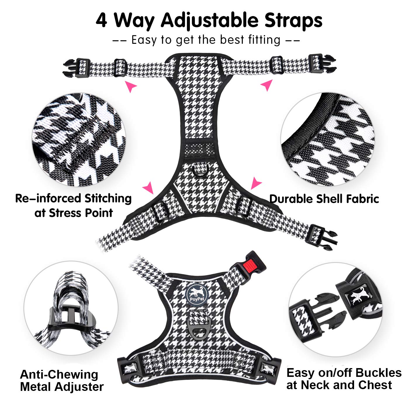 PoyPet Dog Harness No Pull, Reflective Vest Harness with Front & Back 2 Clips and Easy Control Handle for Small Medium Large Dog (XS, Black)