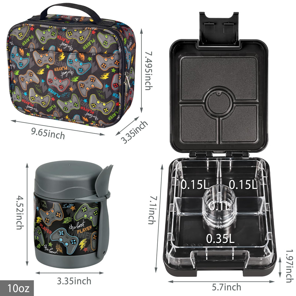 Bento Lunch Box Set for Kids with 10oz Soup Thermo, Leak-Proof Lunch Containers with 4 Compartment, Kids Thermo Hot Food Jar and Insulated Lunch Bag for Kid to School,BPA-Free(Basketball)