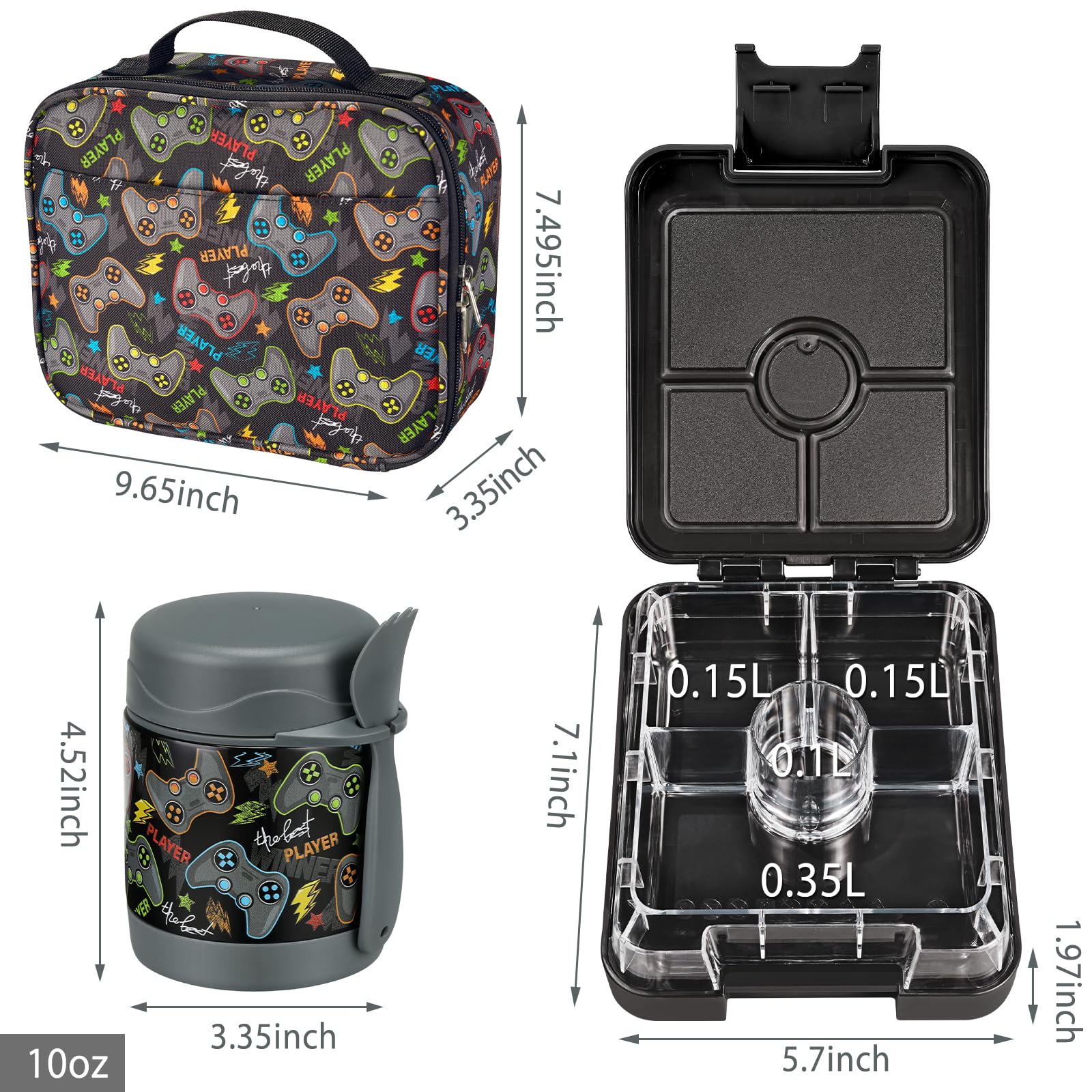 Bento Lunch Box Set for Kids with 10oz Soup Thermo, Leak-Proof Lunch Containers with 4 Compartment, Kids Thermo Hot Food Jar and Insulated Lunch Bag for Kid to School,BPA-Free(Basketball)