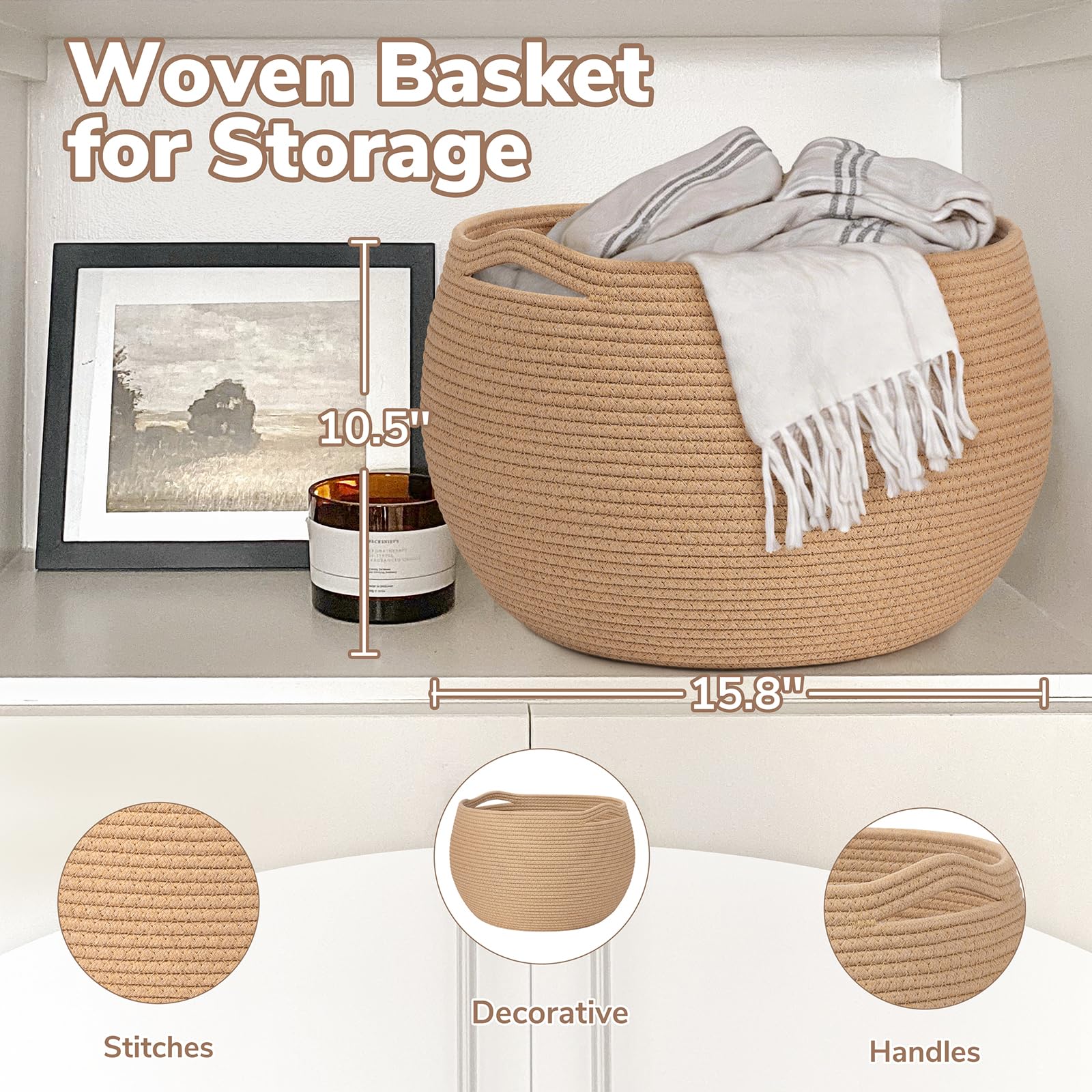Goodpick Small Rope Storage Basket, Black Round Baskets for Socks, Dog Toys, Towels, Cute Baby Basket for Living Room, Bedroom, Nursery, Towel Baskets for Bathroom, 10 x 8.3 inches