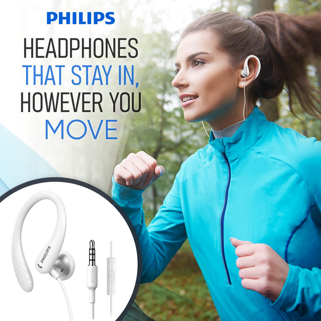 PHILIPS Over The Ear Earbuds, Flexible Wrap Around Earbuds, Around Ear Headphones with Mic Behind The Ear Headphones, Perfect for Sports, Running, Exercise, Gym (Black)