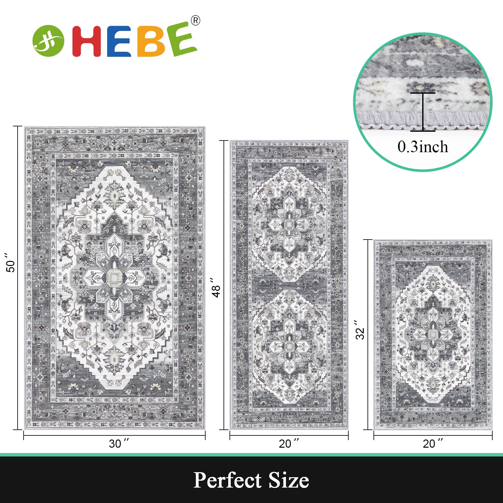 HEBE Boho Kitchen Rug Sets 3 Piece with Runner Non Slip Kitchen Rugs and Mats Washable Kitchen Mats for Floor Thick Kitchen Floor Mat Carpet Runner Rugs for Hallway Laundry Holiday Decor