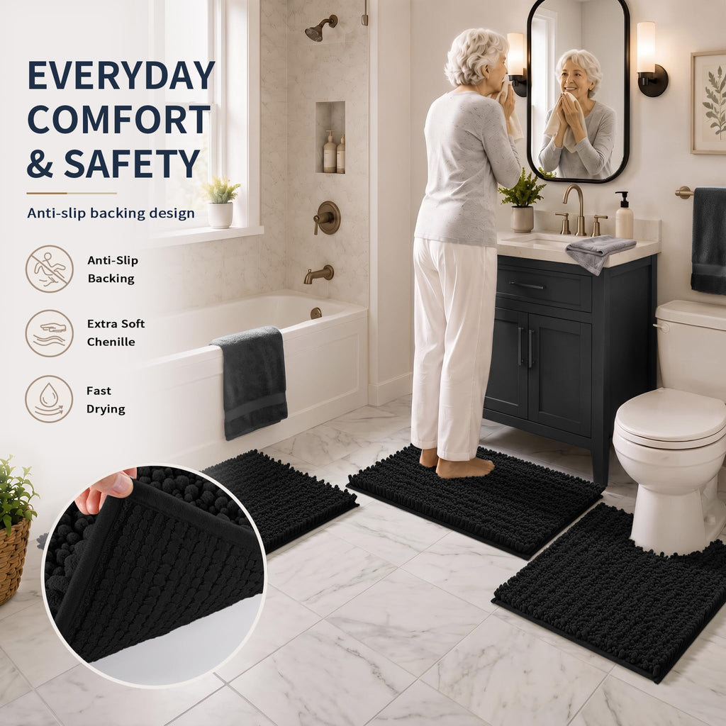 Yimobra Black Bathroom Rug Set 3 Piece - Super Absorbent Quick Dry Chenille Bath Mats & Toilet Rug, Non Slip Machine Washable, Extra Thick Shaggy Floor Mat for Shower Tub Sink
