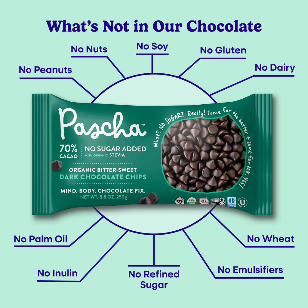 Pascha Organic 70% Cacao Baking Chips - Bittersweet Dark Chocolate with Coconut Sugar - Vegan, Non-GMO, Rainforest Alliance Certified - Allergen-Free (Pack of 8)