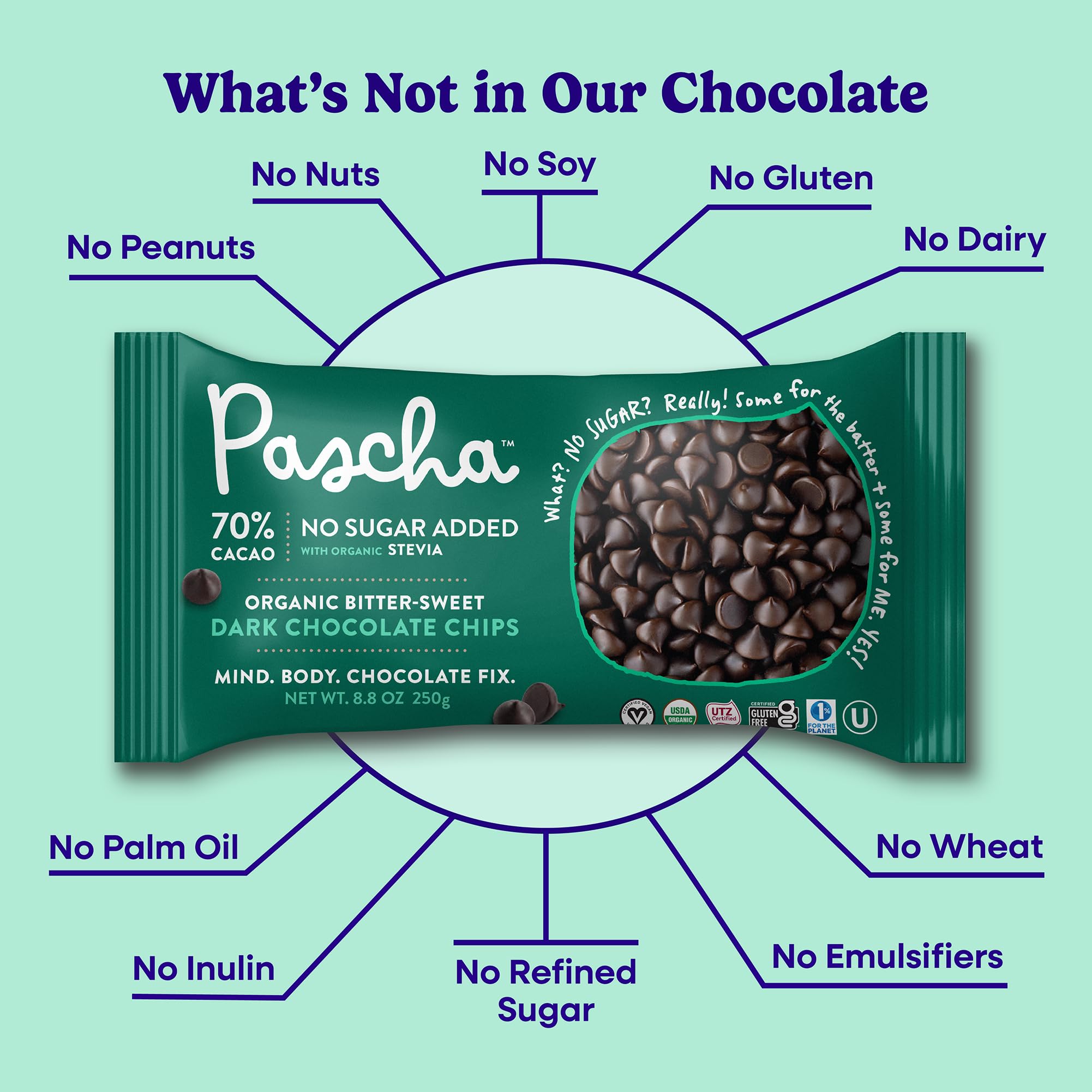 Pascha Organic 70% Cacao Baking Chips - Bittersweet Dark Chocolate with Coconut Sugar - Vegan, Non-GMO, Rainforest Alliance Certified - Allergen-Free (Pack of 8)