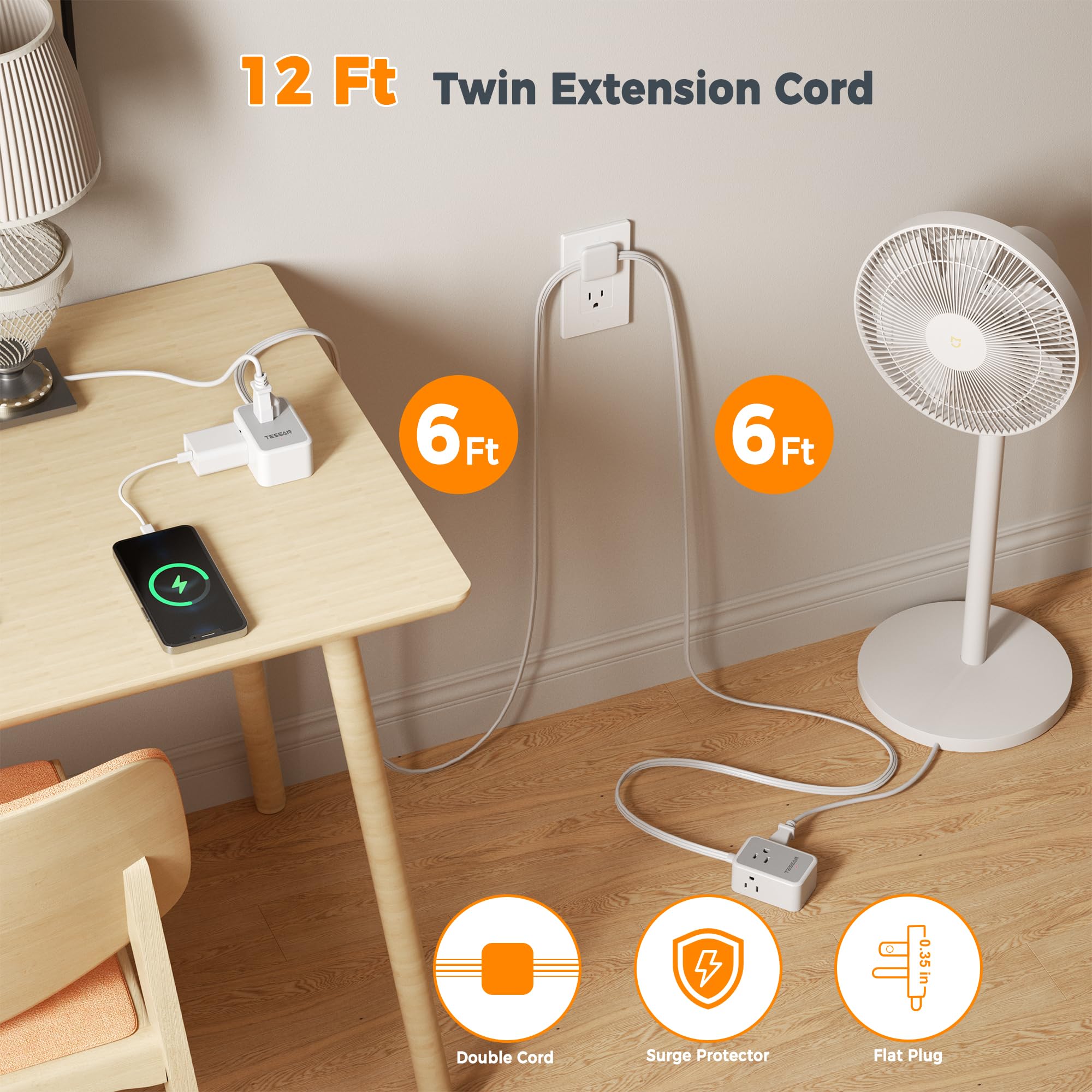 TESSAN Small Flat Plug Power Strip, Ultra Thin Extension Cord 5 ft, 3 AC Outlets with 3 USB Ports (1 USB C), Multiple Wall Outlet Extender for Cruise Travel Office School Dorm Room Essentials, Black
