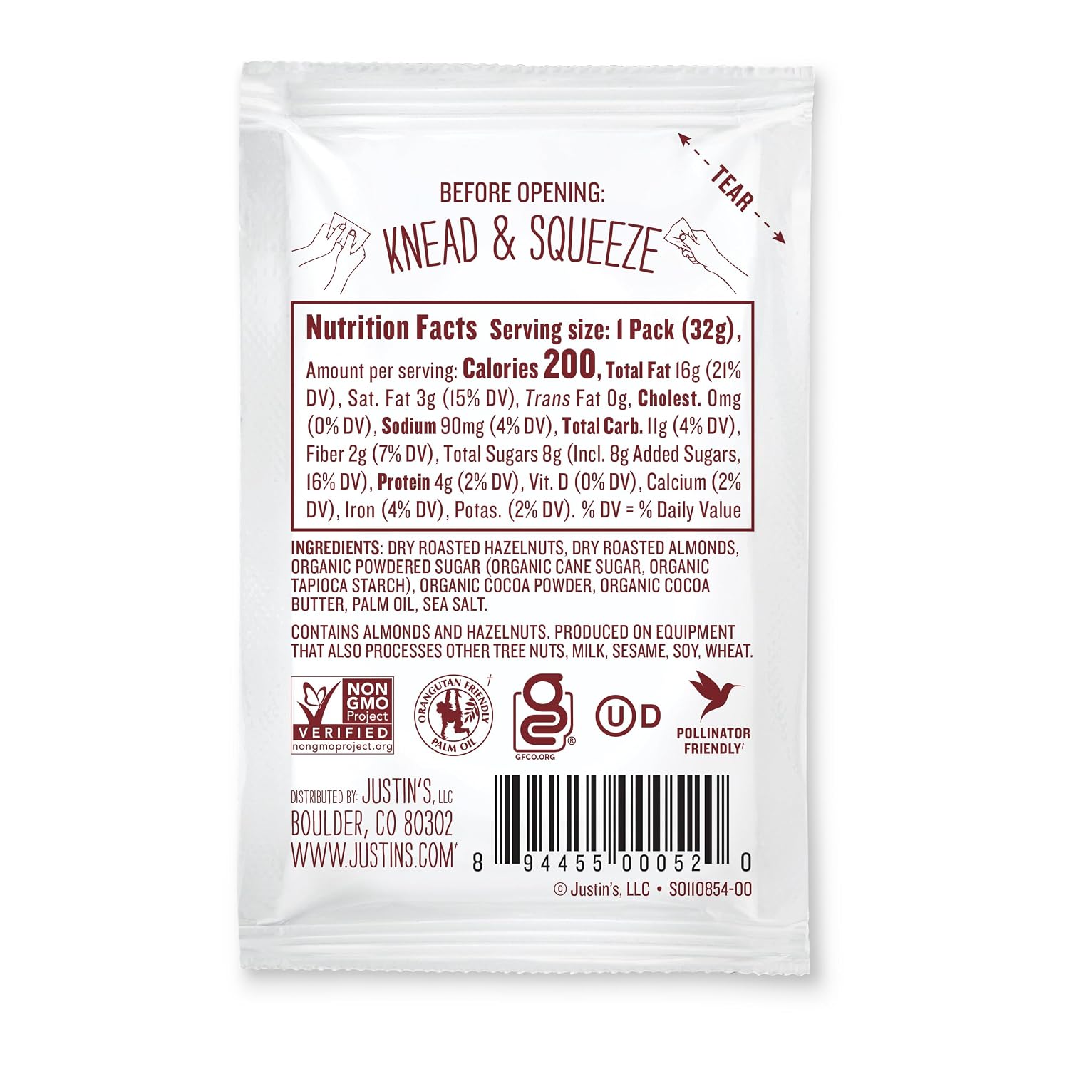 Justin's Chocolate Hazelnut & Almond Butter Squeeze Pack, Organic Cocoa, Gluten-free, Responsibly Sourced, Packaging May Vary, 1.15 Ounce (Pack of 10)