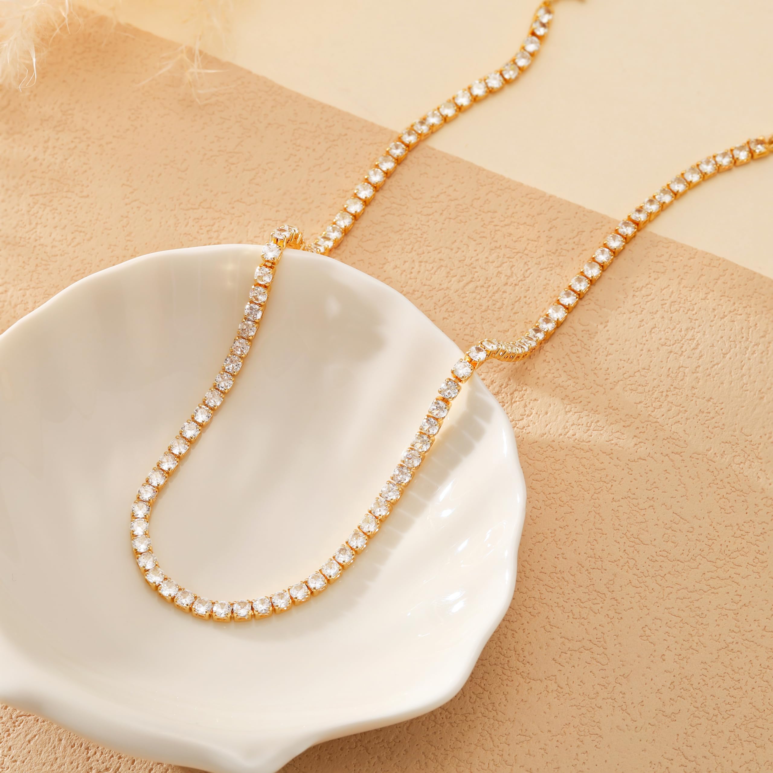Robaice Tennis Necklace for Women, 14K Gold/Silver Plated Rhinestone Choker Necklace for Women, Dainty Cubic Zirconia Cut Faux Diamond Chain