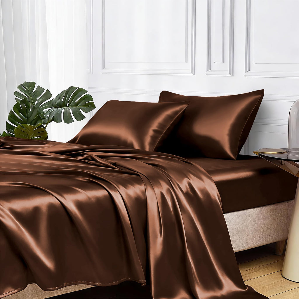 MR&HM Satin Sheets with Elastic Corner Straps, Twin Size 3-Piece Silky Bedding Set, Deep Pocket 15 Inches, Good for Hair & Skin (Twin, Black)