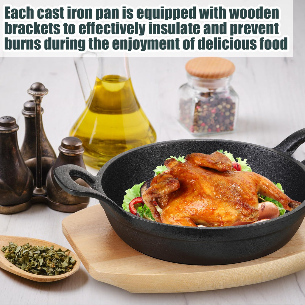 Sliner 4 Sets Mini Cast Iron Skillet Small Cast Iron Plates Skillet with Wooden Base Small Round Pan Fajita Plate Pot for Baking Cooking(3.9 Inch)