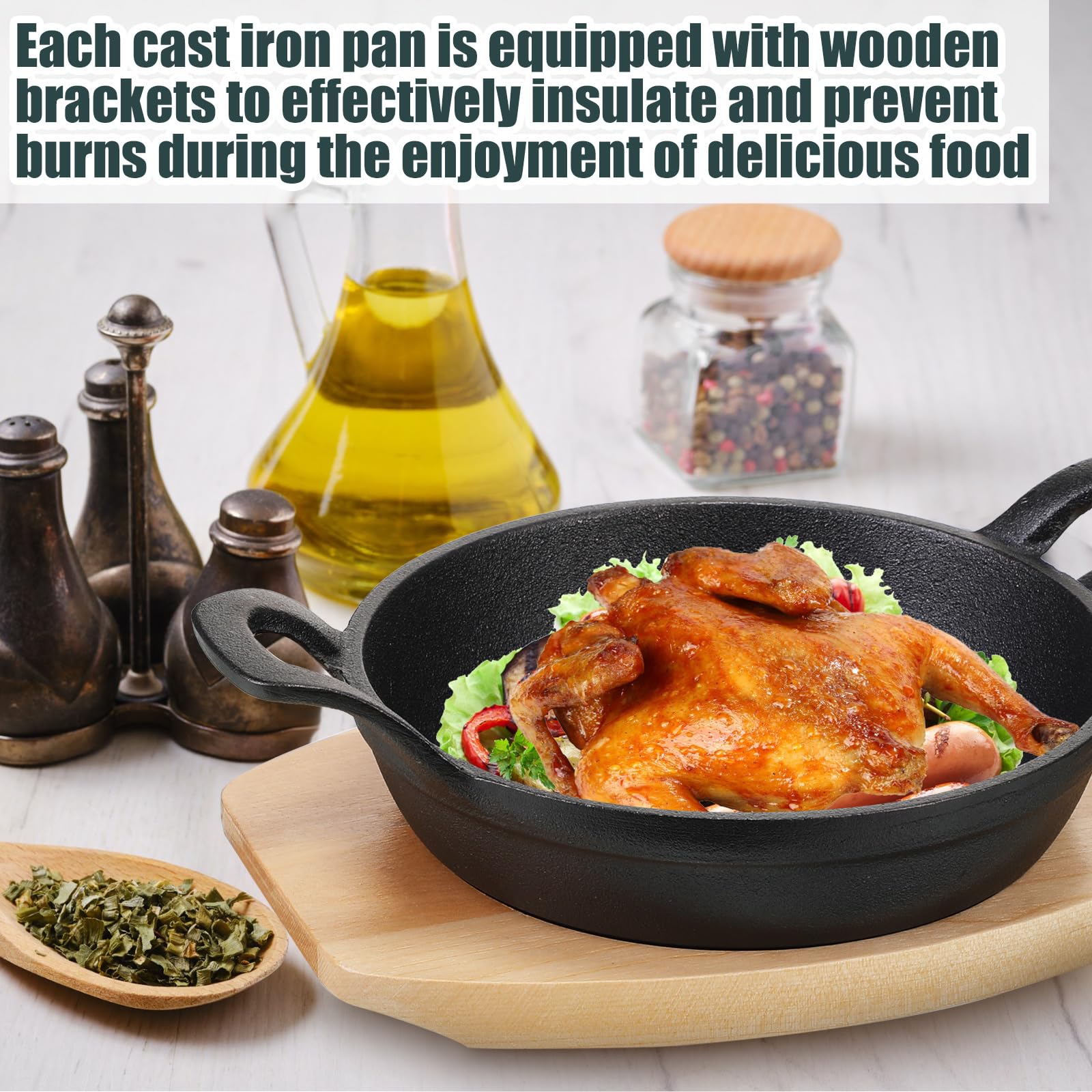 Sliner 4 Sets Mini Cast Iron Skillet Small Cast Iron Plates Skillet with Wooden Base Small Round Pan Fajita Plate Pot for Baking Cooking(3.9 Inch)