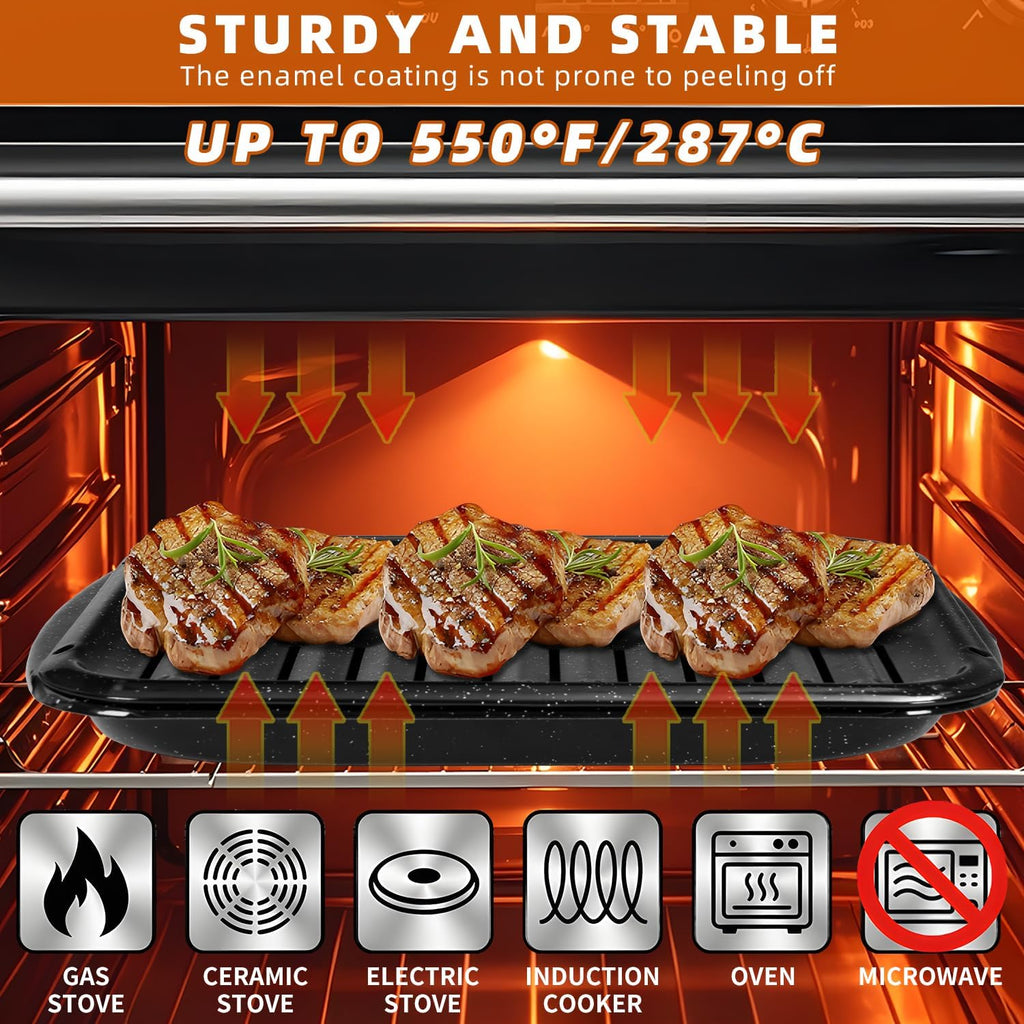 16.75" Broiler Pan for Oven with Rack, 2-Piece Thick Porcelain Enamel Roasting Pan Set, Heavy Duty Grill Pan & Drip Tray, Large Nonstick Oven Pan for Baking, Grilling & Roasting Bacon, Steak, Meats