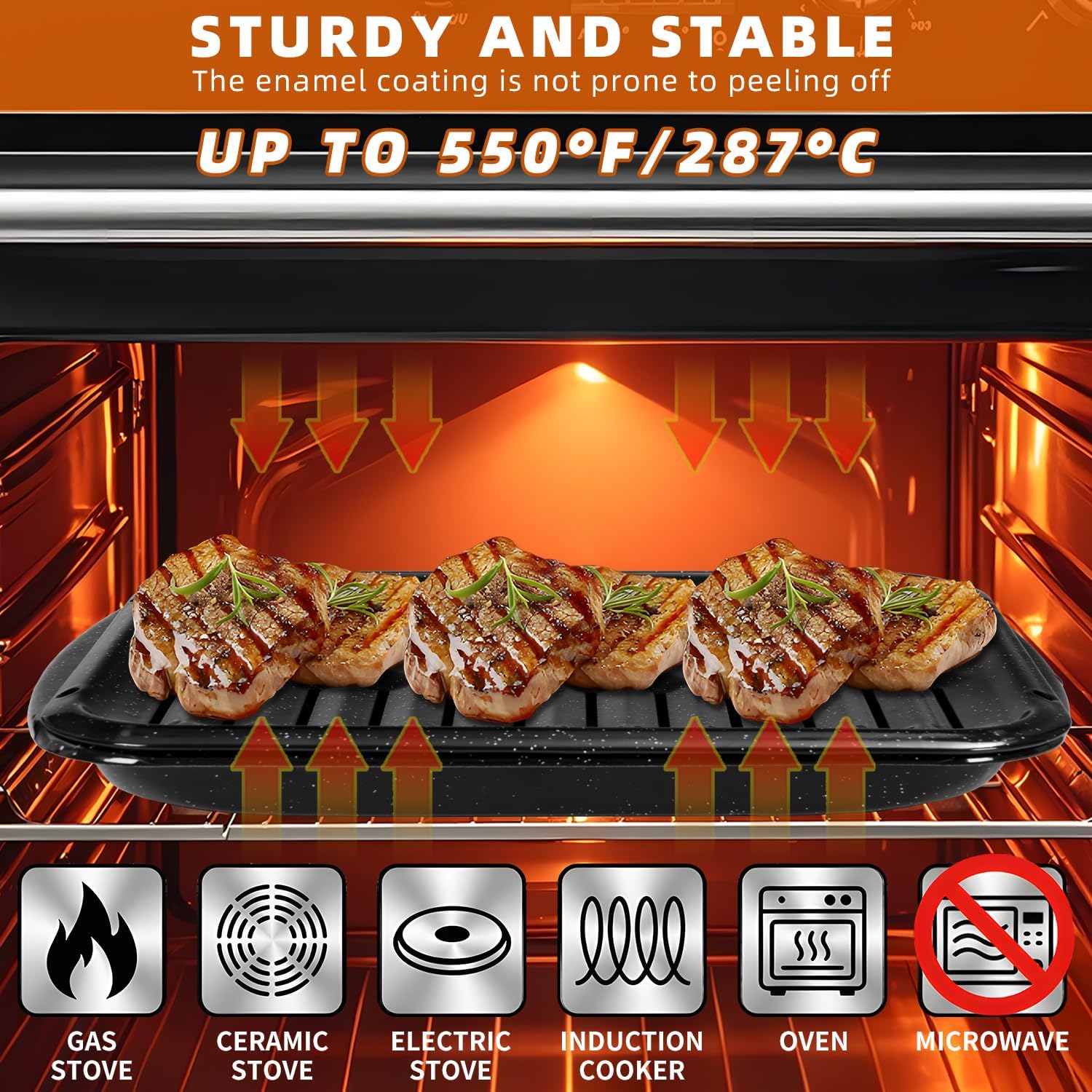 16.75" Broiler Pan for Oven with Rack, 2-Piece Thick Porcelain Enamel Roasting Pan Set, Heavy Duty Grill Pan & Drip Tray, Large Nonstick Oven Pan for Baking, Grilling & Roasting Bacon, Steak, Meats