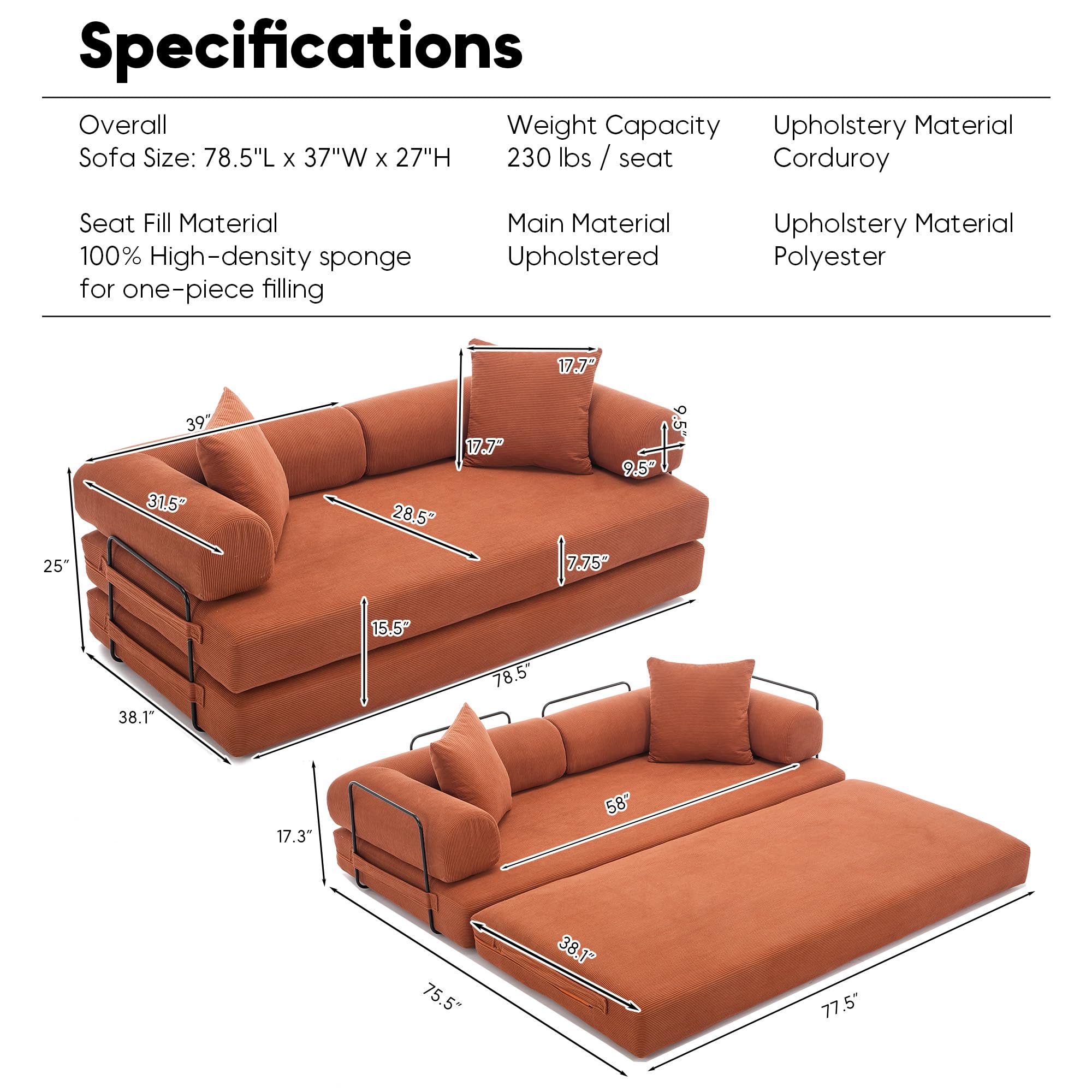 ZEIINPA 59“ Convertible Floor Sofa Bed, 5-in-1 Futon Sofa Bed Pull Out Sleeper Couch, Modern Corduroy Compressed Loveseat, Modular Boneless Couches for Living Room, No Assembly Required, Beige