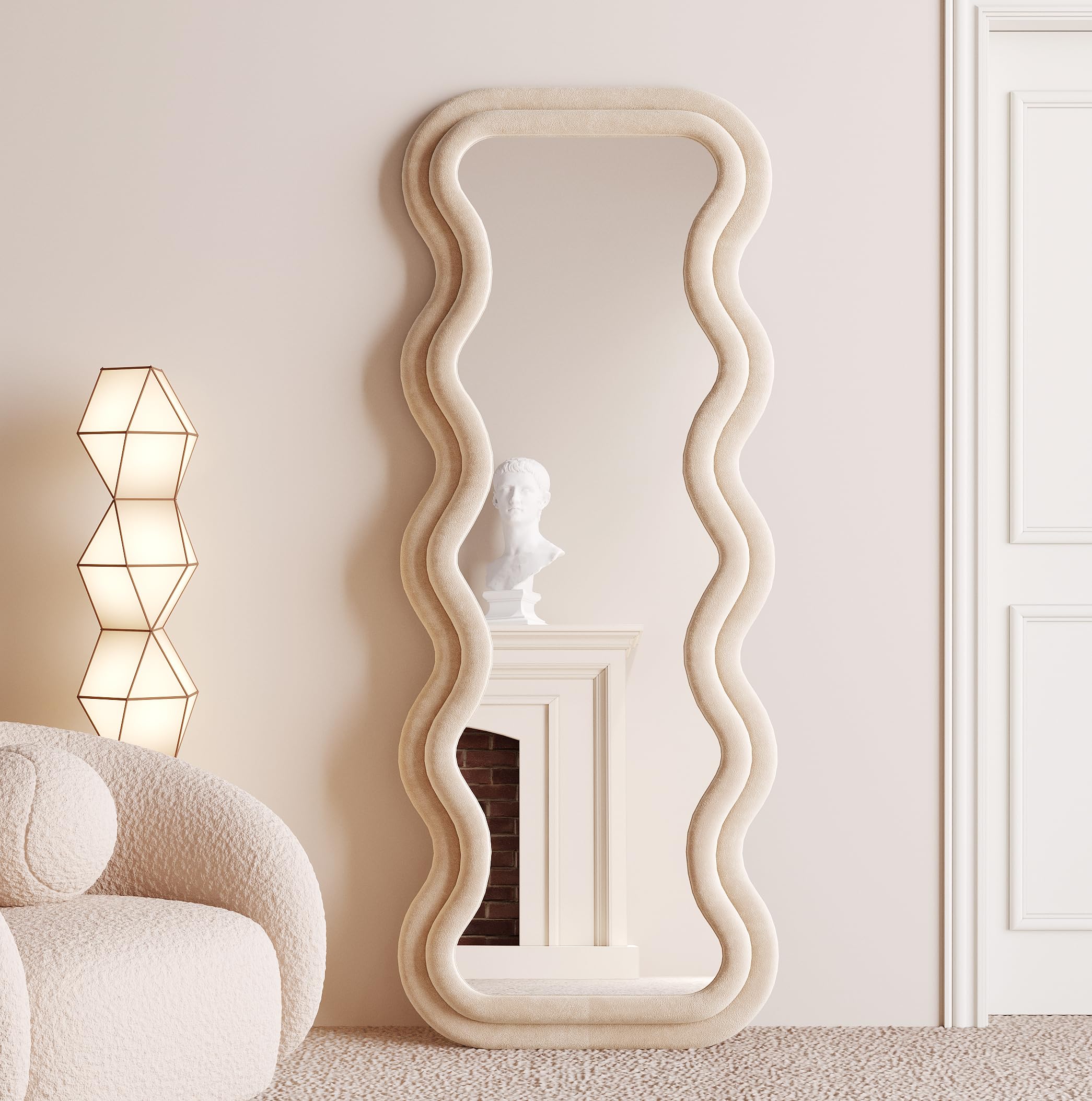 BOJOY Full Length Mirror, 63" x 24" Wall Mirror, Flannel Wrapped Wooden Frame Floor Mirror, Irregular Wavy Mirror Hanging or Leaning Against Wall for Cloakroom/Bedroom/Living Room, Black