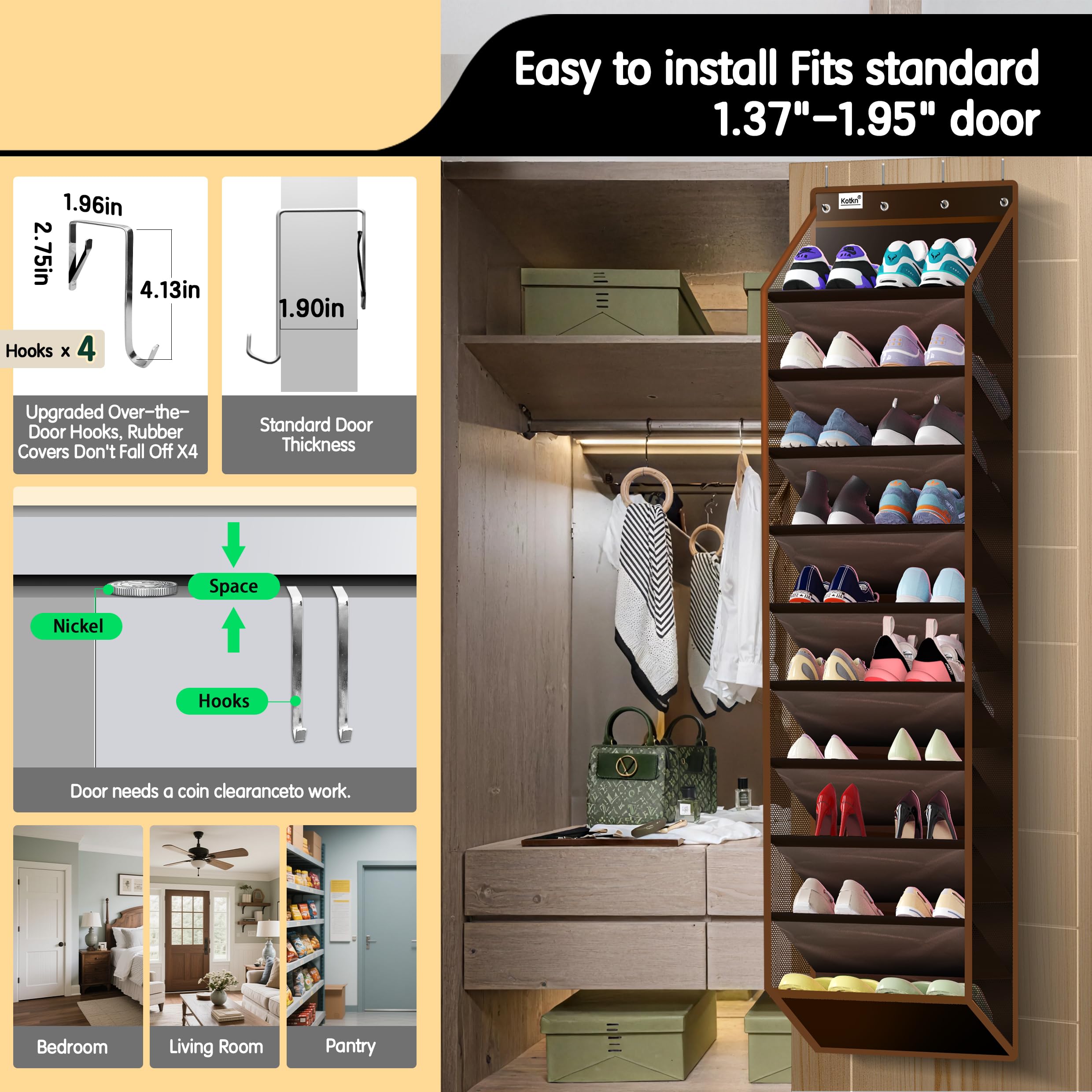 Kotkn 10 Tier Over The Door Organizer - Heavy Duty Hanging Storage Rack with Sturdy Oxford Fabric, Holds 20+ Pairs of Footwear, Boots & Sneakers, Saves 50% Closet Space(Beige)