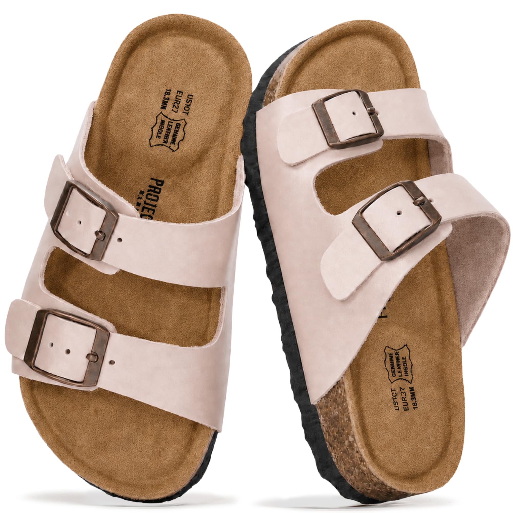 Project Cloud Kids Sandals 100% Genuine Leather - Natural Cork Footbed Non-Slip Slides for Kids - Lightweight Boys & Girls Sandals - Water-Resistant Girls & Boys Sandals