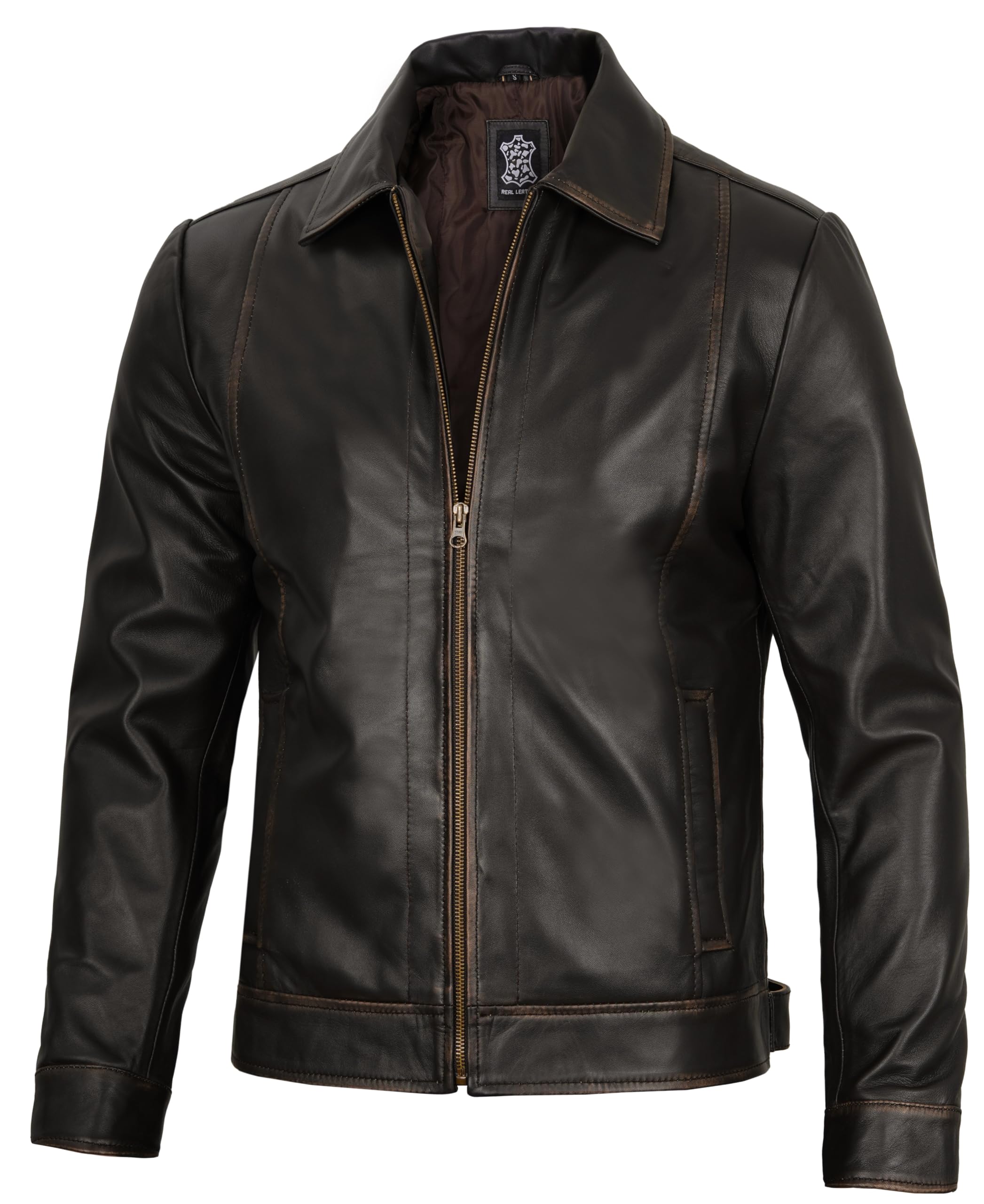 Decrum Vintage Style Mens Leather Jacket - Real Lambskin Classic Shirt Collar Leather Jackets for Men