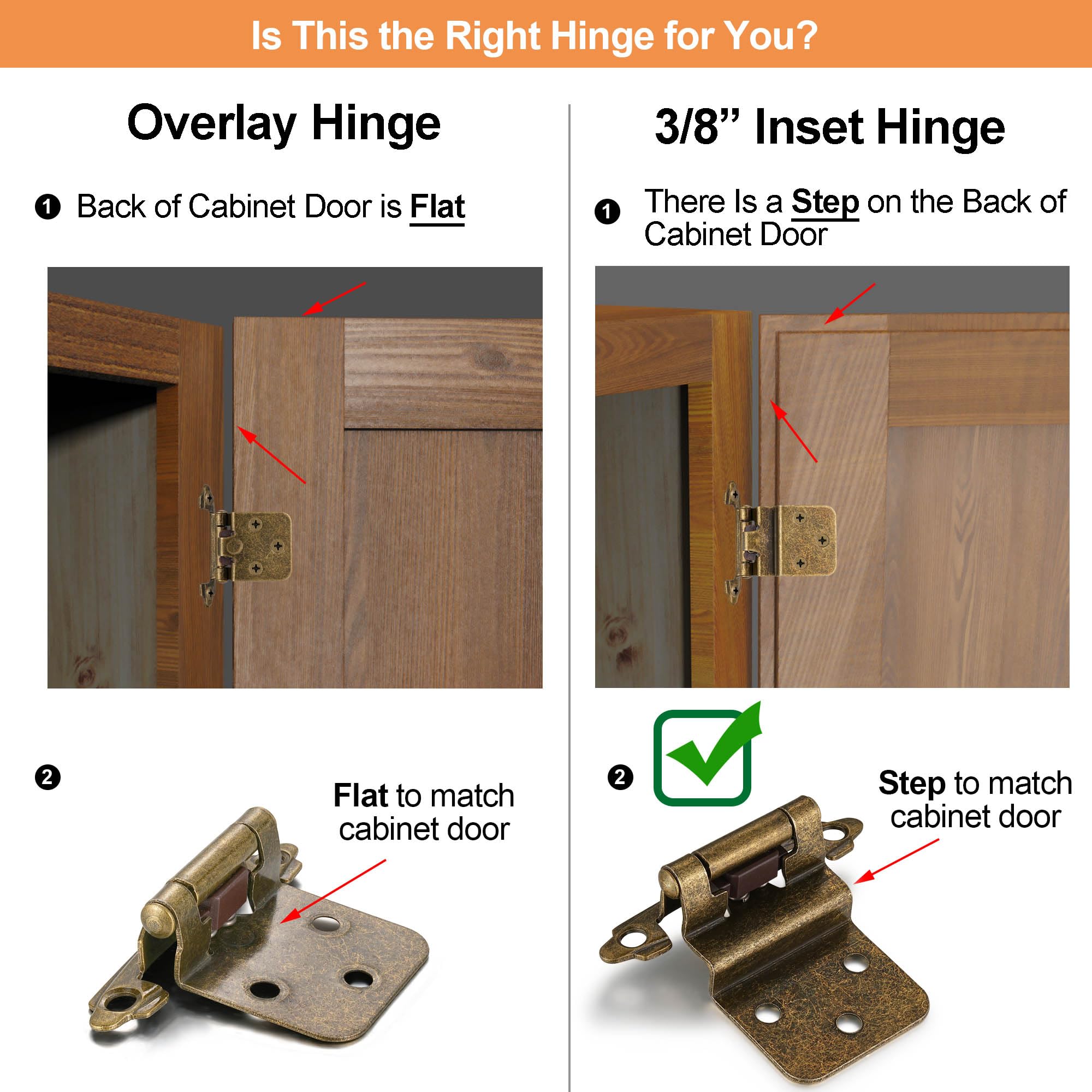 4 Pack (2 Pairs) Antique Brass Self Closing Cabinet Hinges for Kitchen Cabinet Door, 1/2" Overlay (Variable) Semi Concealed Kitchen Cabinet Hinges
