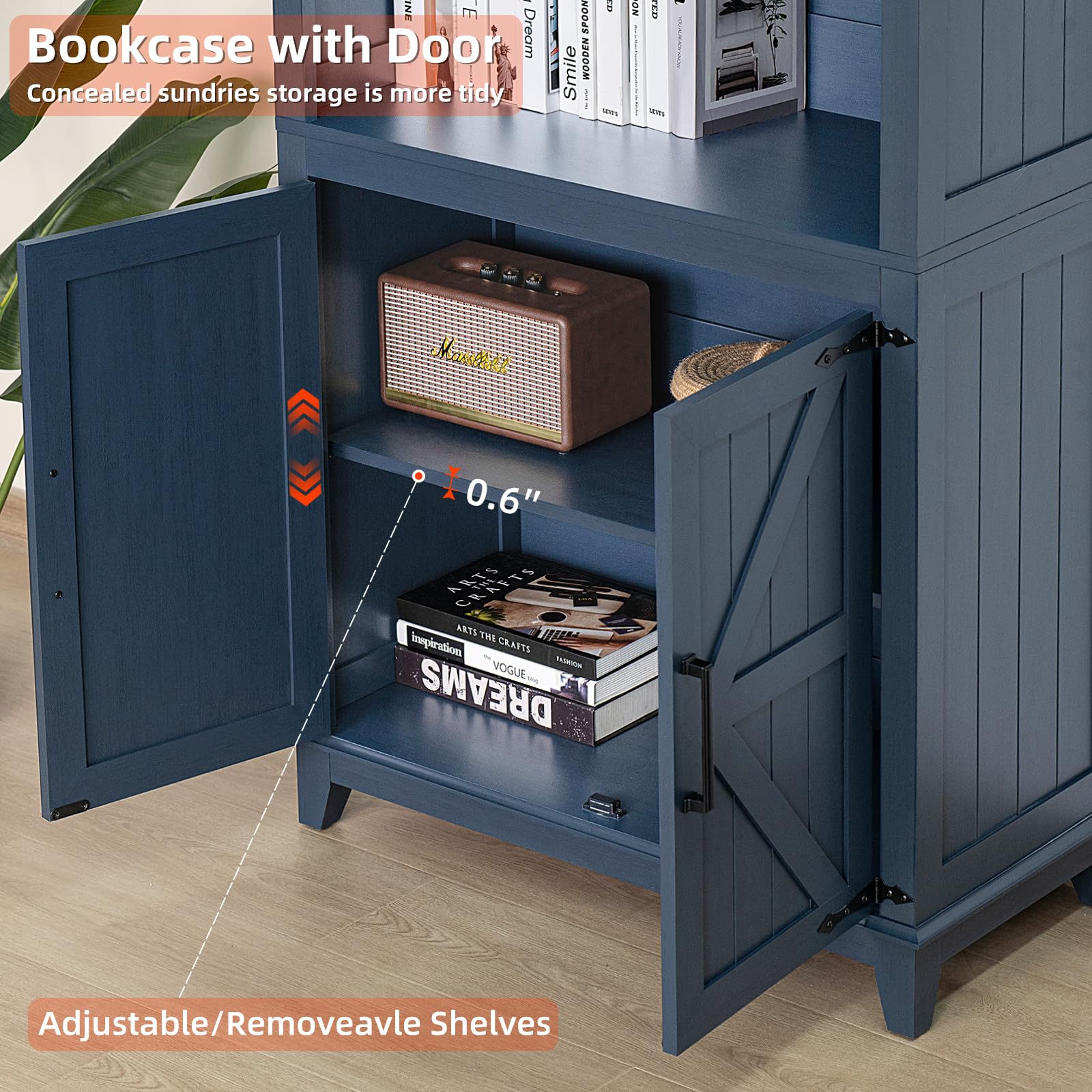 Joaxswe 70in Tall Bookshelf 5 Tier Bookcase with Barn Doors and Adjustable Shelves, Black Farmhouse Book Shelf with Storage Cabinet, Wood Freestanding Display Bookshelves for Bedroom, Living Room