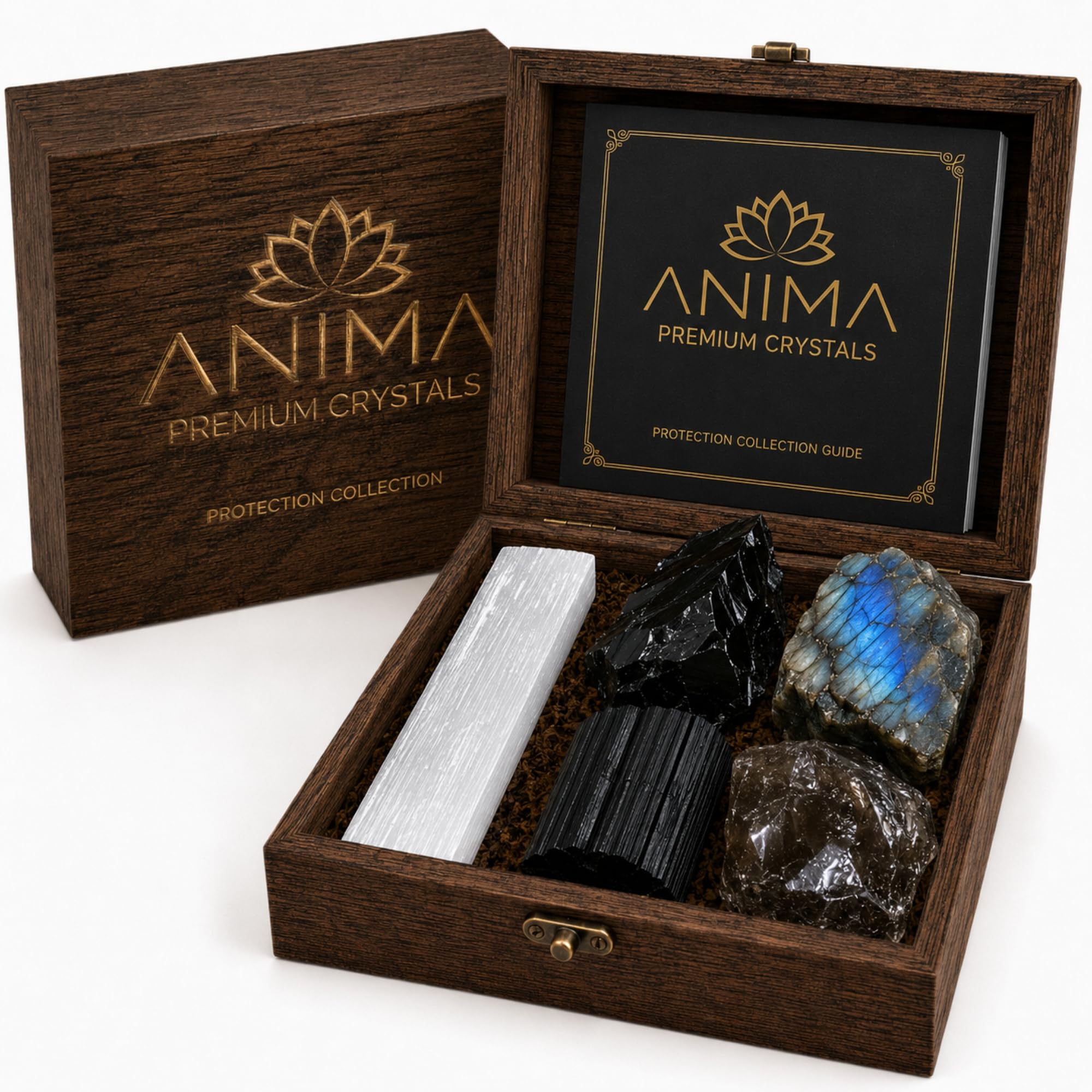 Anima Premium 7 Chakra Healing Crystals Set for Energy Alignment - Large Raw Amethyst, Rose Quartz, Citrine, Lapis Lazuli, Clear Quartz, Tigers Eye & Red Jasper - Wooden Gift Box & Guidebook Included