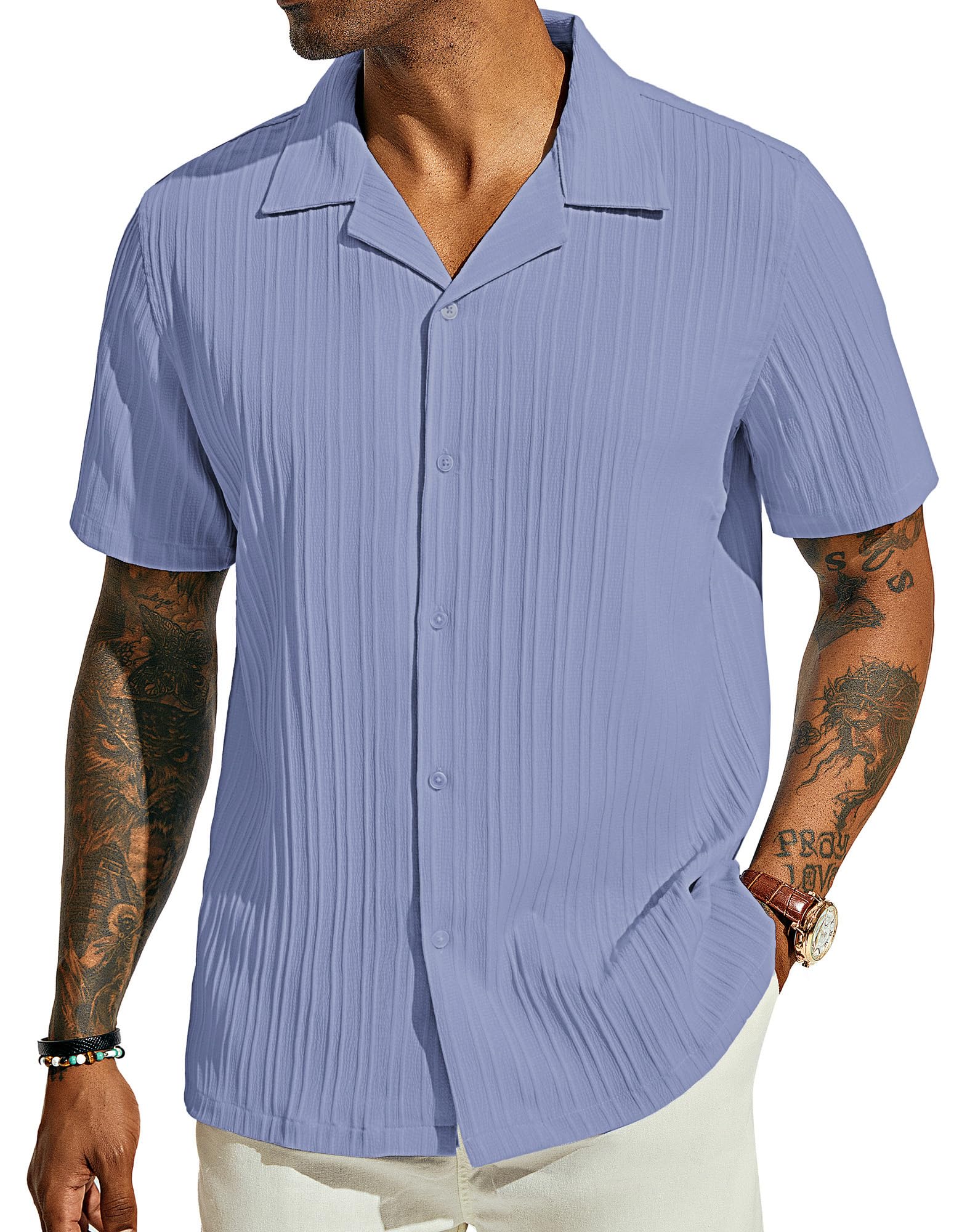 PJ PAUL JONES Men's Casual Button Down Shirts - Short Sleeve Summer Textured Beach Wrinkle-Free Shirts