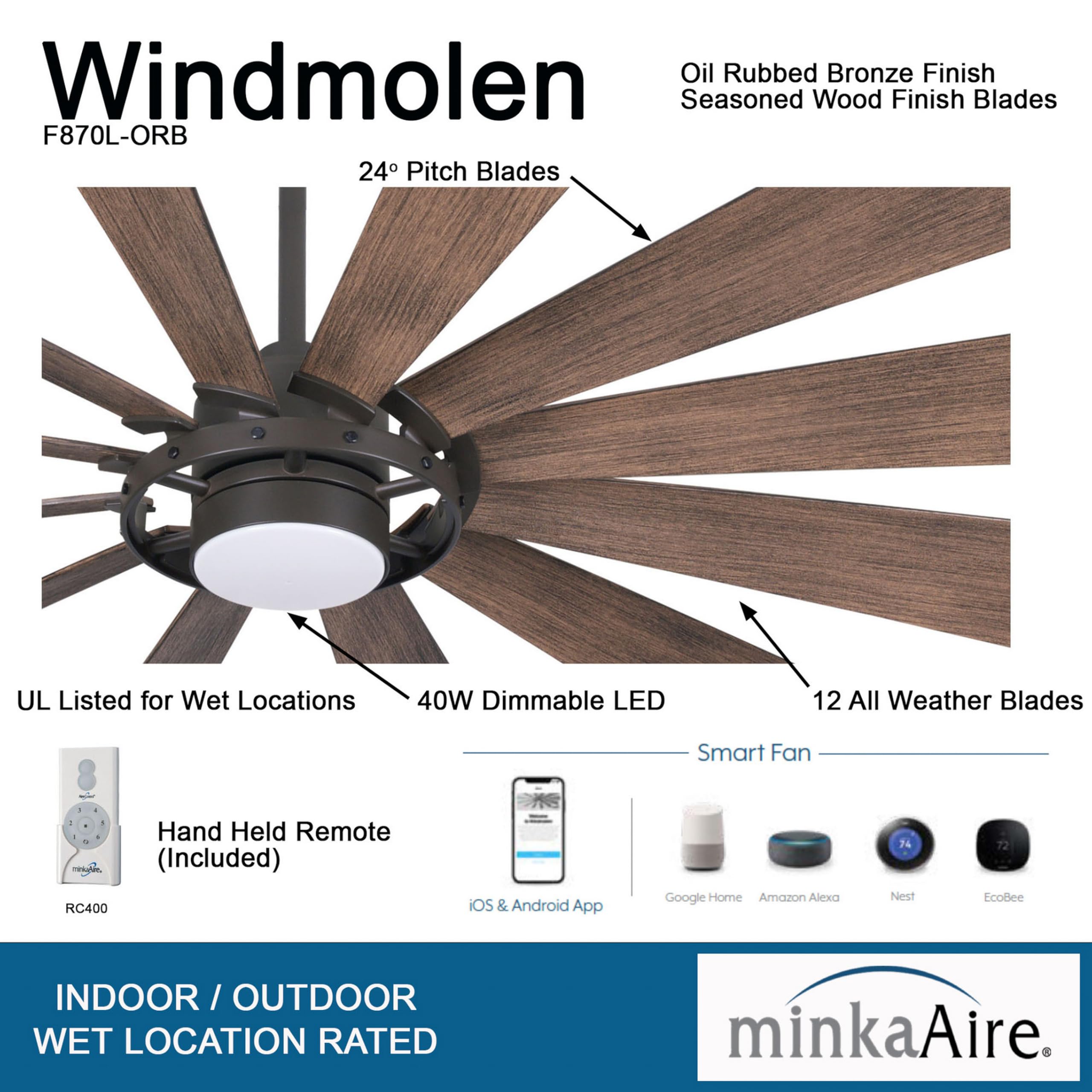 Minka-Aire F870L-ORB 65" Windmolen Outdoor Smart Ceiling Fan with LED Light and Remote Control, Oil Rubbed Bronze