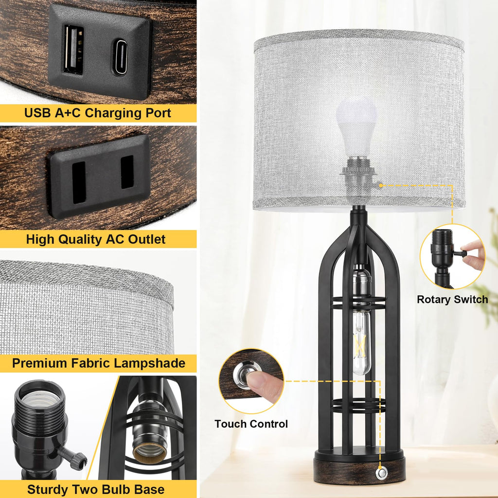 Seealle Table Lamp for Living Room Set of 2 - Wood-Like Bedside Lamp for Bedroom with USB C+A & Outlet, Farmhouse Lamps for Night Stands, 3-Way Dimmable Touch Lamps for Living Room