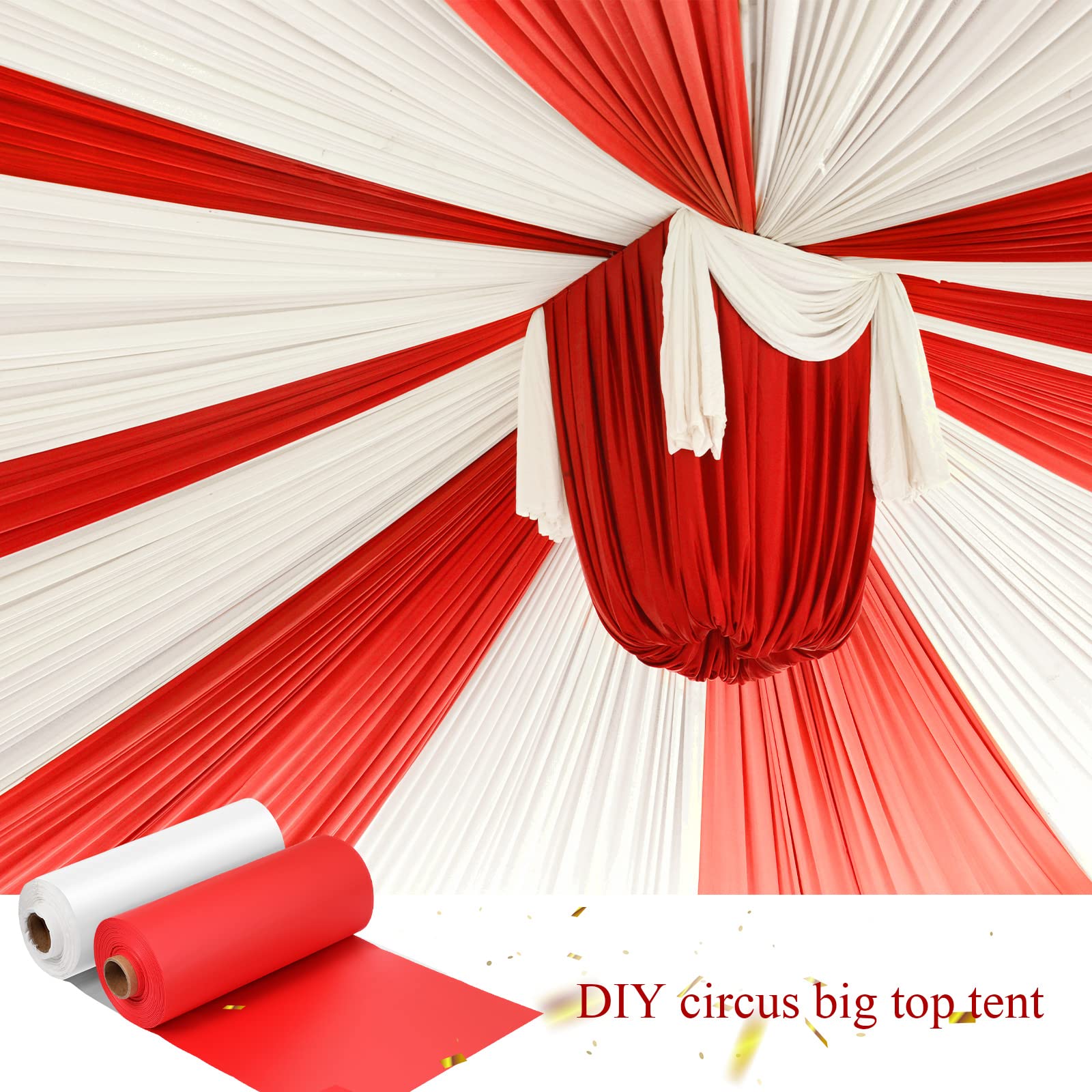 Moukeren 40'' x 100'' Circus Tablecloth Roll Carnival Tent Party Table Cover for Birthday Decorations Circus Theme Tablecloth for Backdrop Curtains Ceiling Wall Drapes Supplies(Beige, Red,4 Roll)