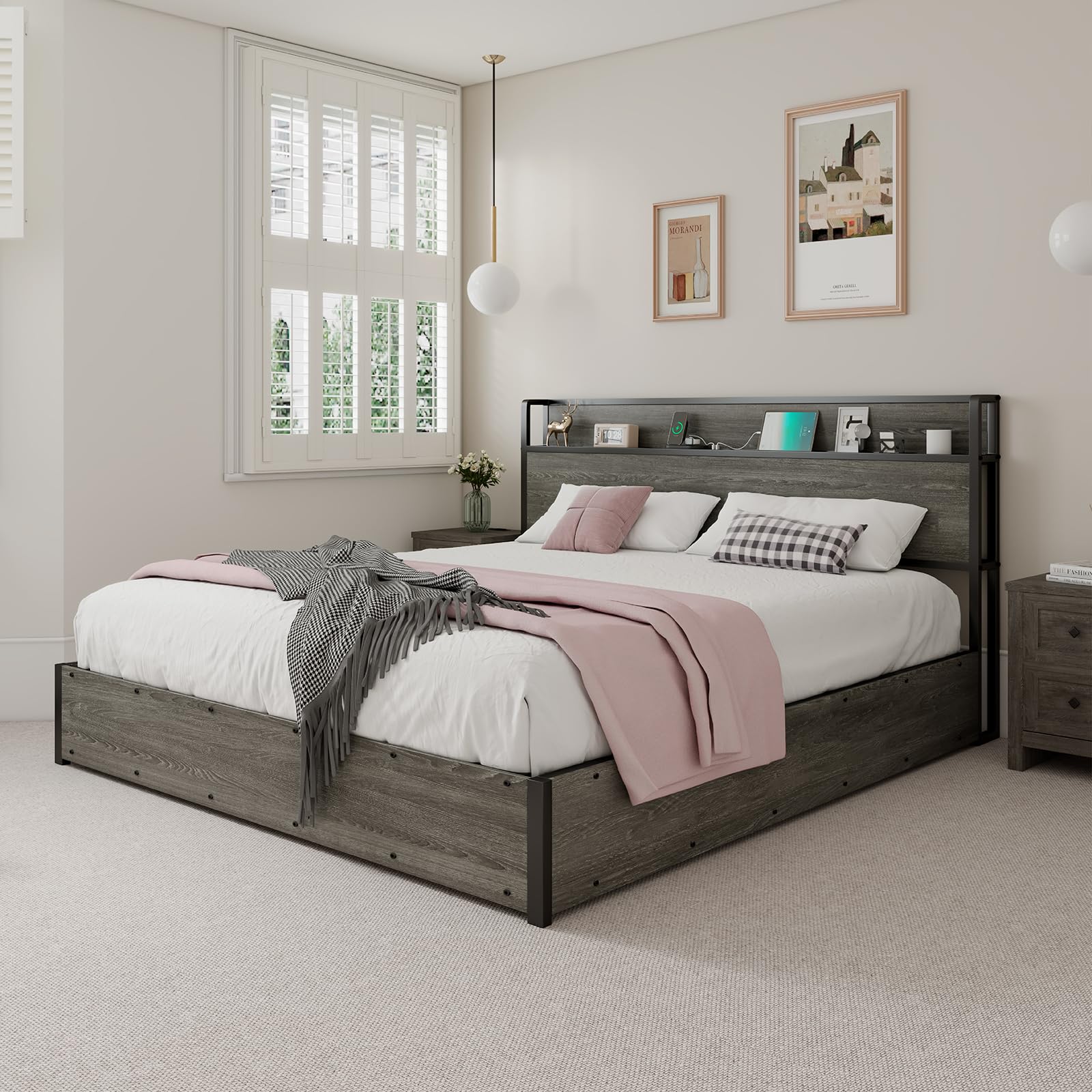 LUXOAK Full Size Lift Up Storage Bed, Wood Platform Bed Frame with Storage Headboard & Charging Station, No Box Spring Needed, Easy Assembly, Black