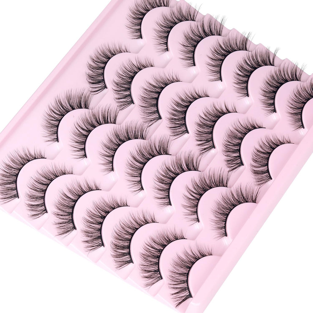 False Lashes Natural Look Wispy Eyelashes Manga Korean Spiky 16mm Short Faux Mink Eyelashes Cat Eye Natural Fake Eyelashes Strip Lashes Pack 14 Pairs