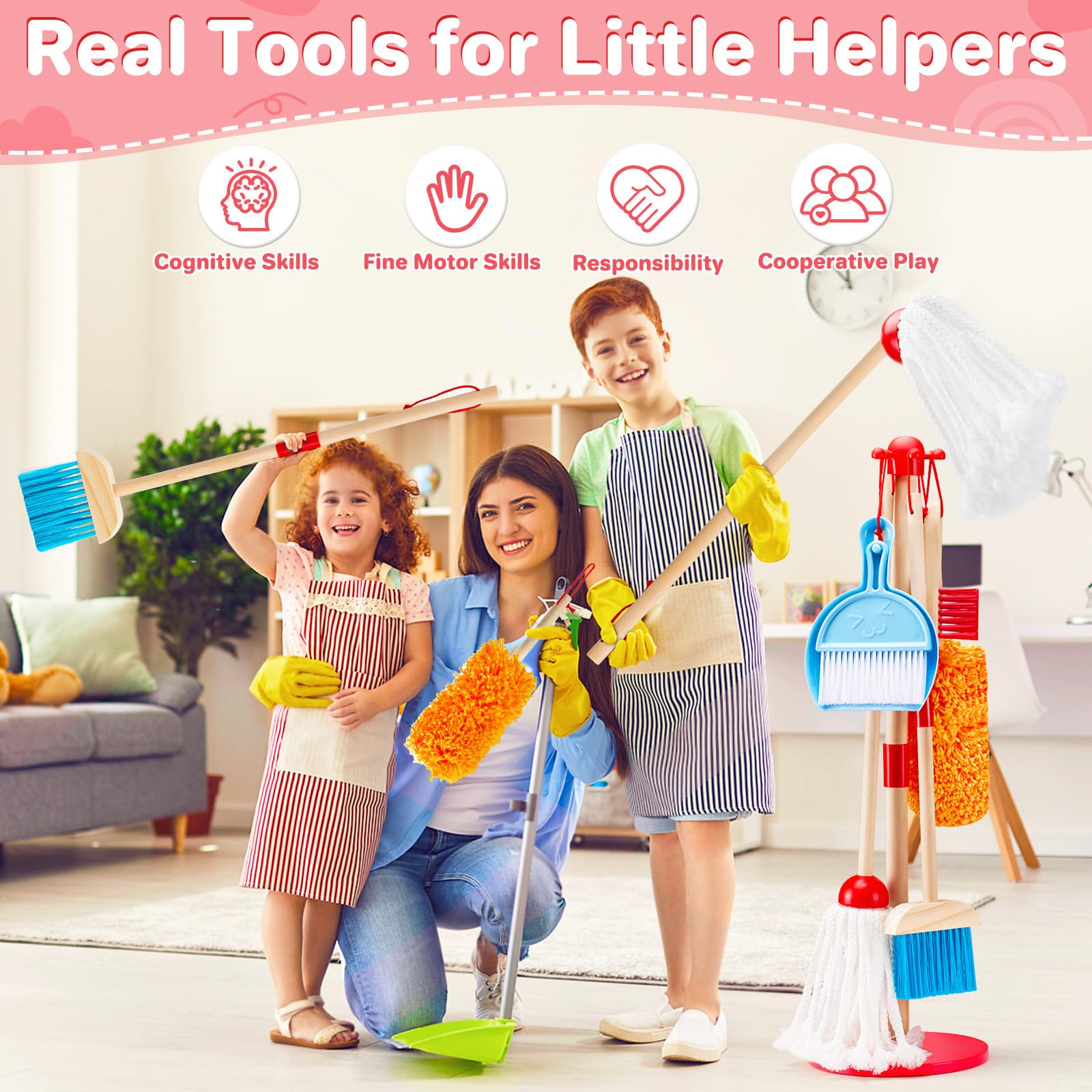 WHOHOLL Wooden Kids Cleaning Toy Set Toddler Broom and Dustpan Set for Housekeeping 9 Pcs Broom and Mop Set for Toddlers 3-6, Cleaning Toys with Sponge, Christmas Birthday Gifts for Boys Girls