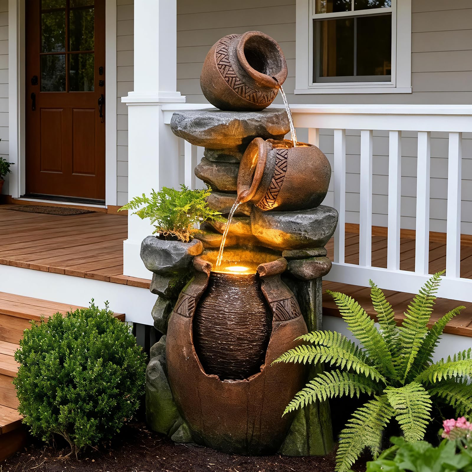 Bumilgar 2-Tier Bowl Water Fountain with LED Lights, 27.95" Tall Freestanding Outdoor & Indoor Garden Waterfall Fountain for Yard, Patio, Backyard, Floor Standing Home Decor