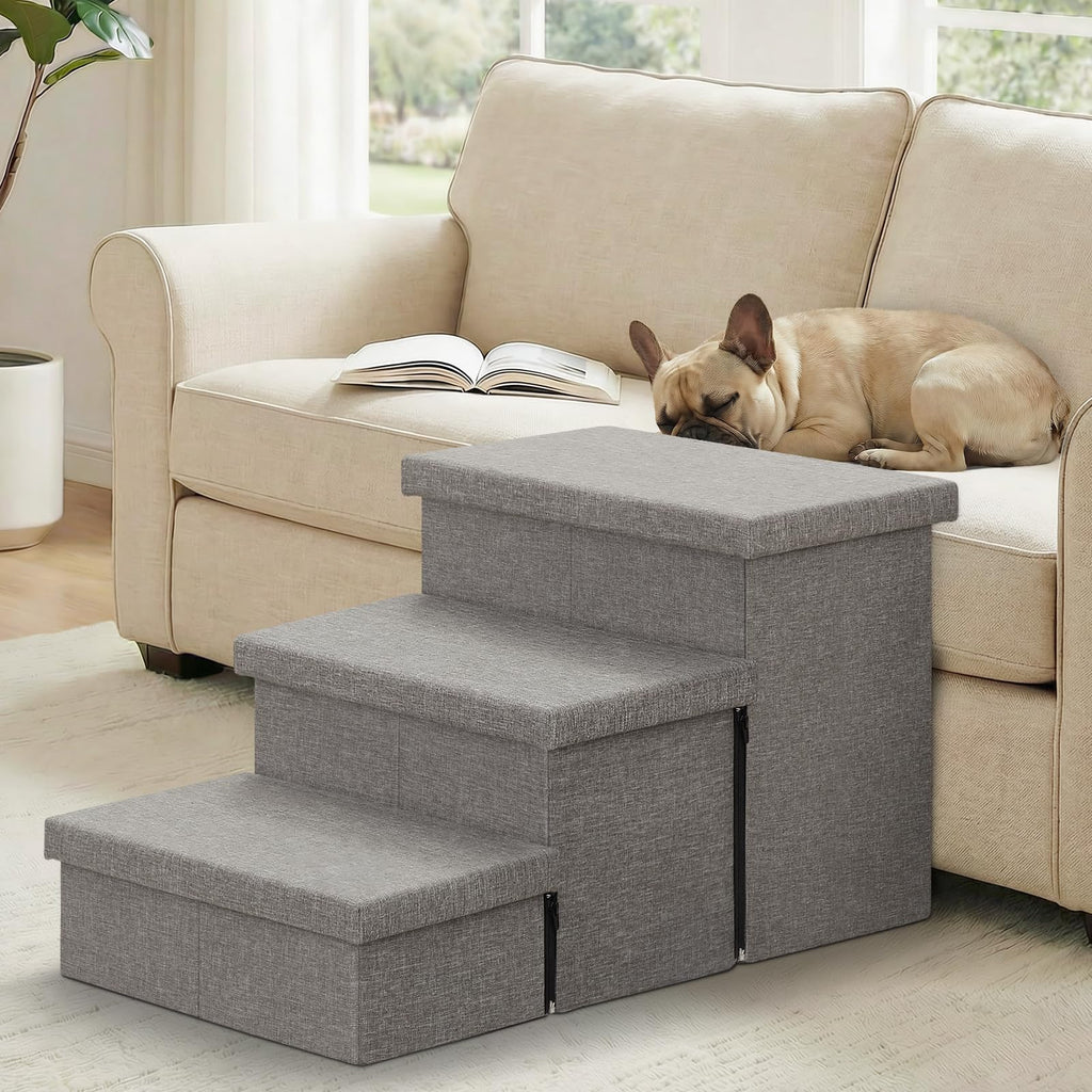 Zerbuger Dog Stairs with Condo 15" H, 2-Step Wider Dog Steps for Small/Medium/Large Old Dogs Cats, Folding Sturdy Storage Pet Stairs Climbing Bed Couch, Ramp for Car Hold Up to 150 lbs, Beige