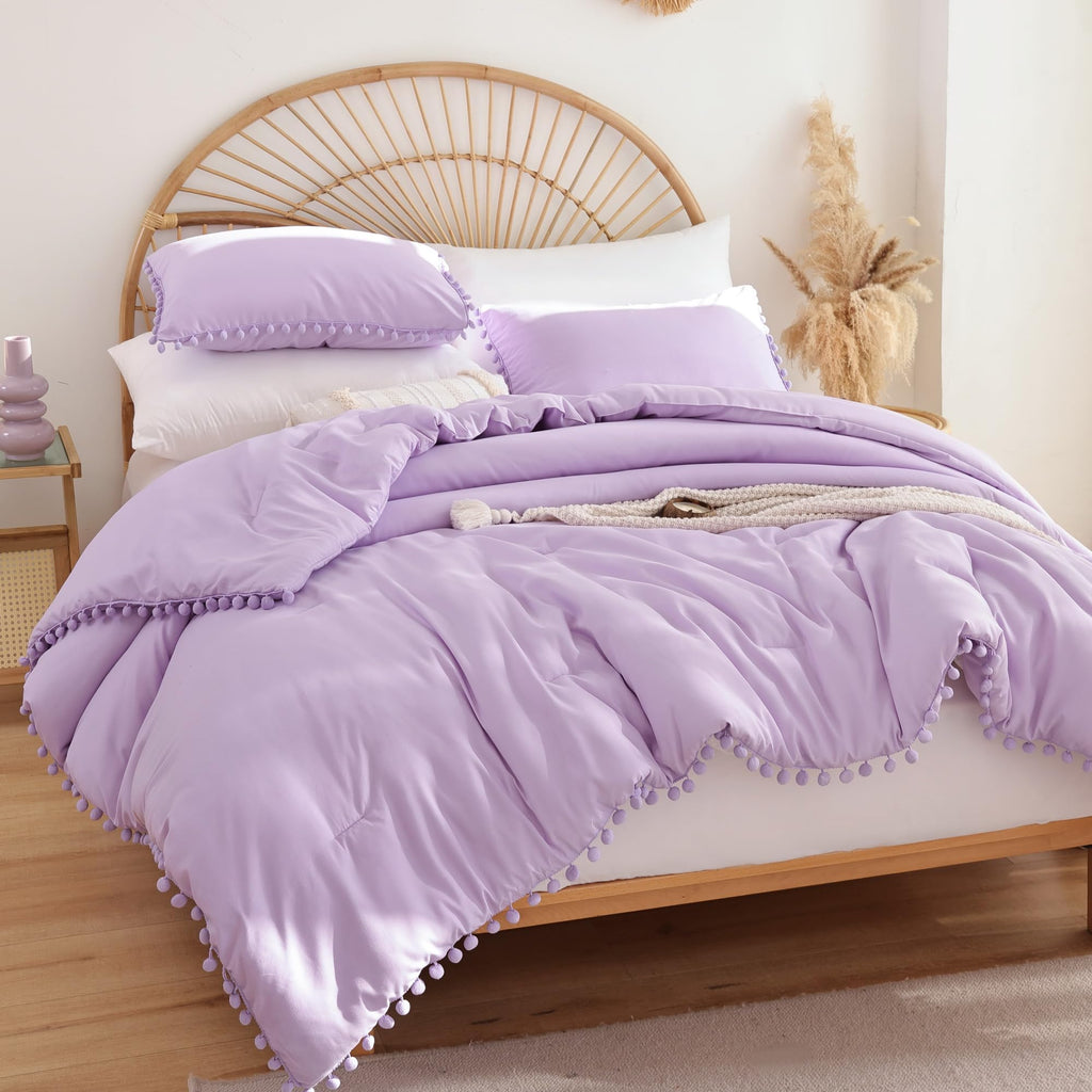 YIRDDEO Twin Comforter Set - Comforter Twin Size Bed with Ball Pom Fringe, Soft Bedding Set for All Seasons - 2 Pieces, 1 Comforter (66"x90") & 1 Pillow Sham(20"x26"), Beige