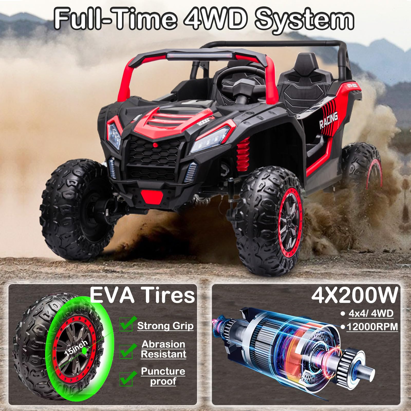 NEWQIDA XXXL 24V Ride On Toys for Big Kids UTV 2 Seater Electric Car w/Remote Control, 4WD Off-Road Side by Side, Max 220lbs, 24.8" Spacious Seat, EVA Tires, Up to 5.6 MPH, Rear Shock Absorbor, Black