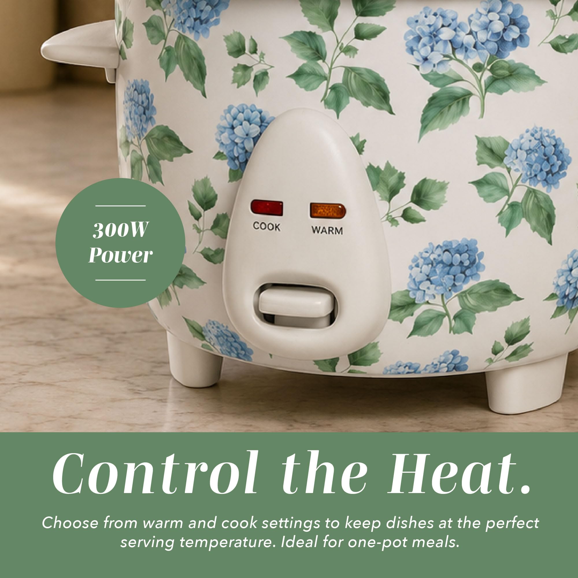 COOK WITH COLOR 6 Cup Rice Cooker 300W - Effortless Cooking and Perfectly, Cooks 3 Cups of Raw Rice for 6 Cups of Cooked Rice, Floral Blue