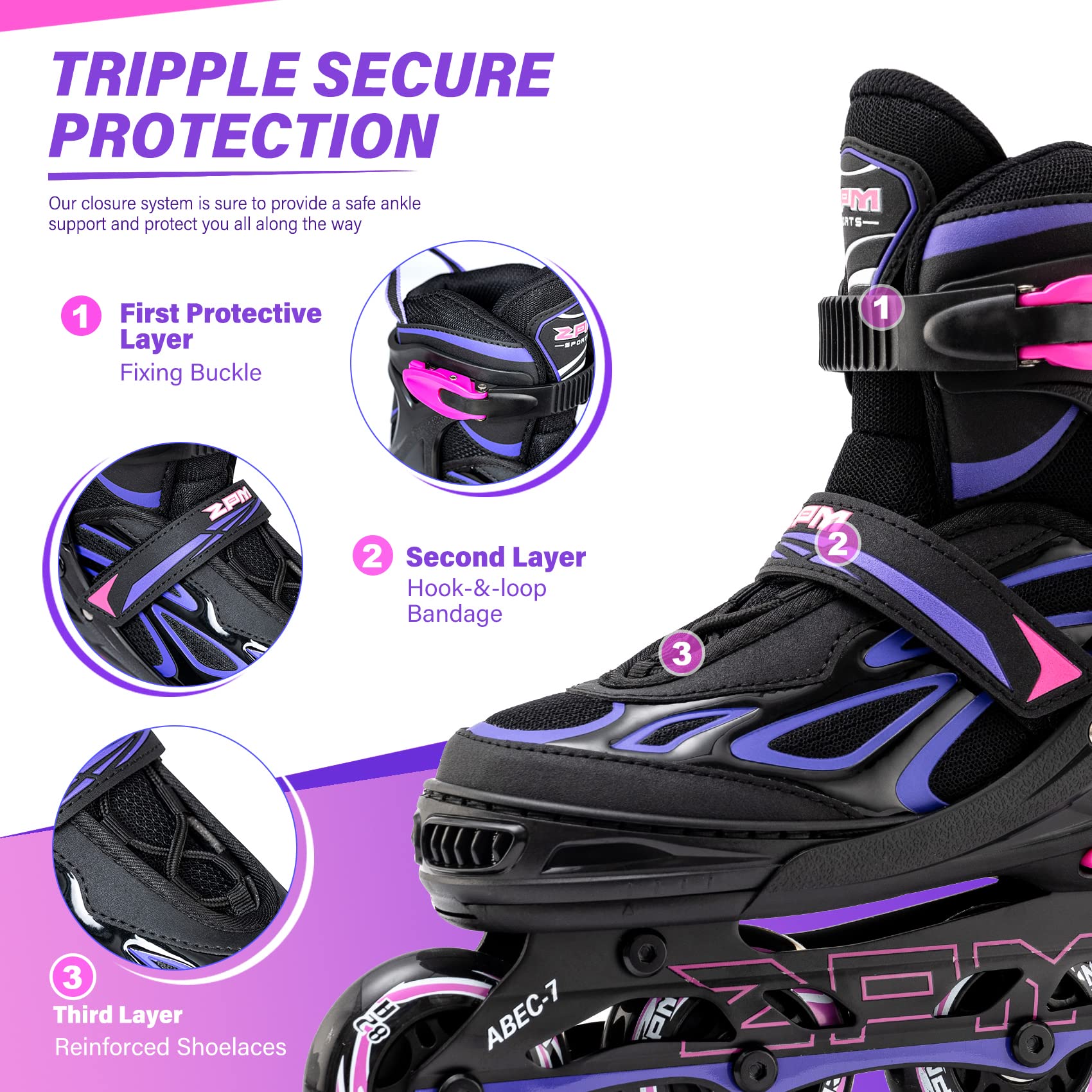 2PM SPORTS Vinal Girls Adjustable Flashing Inline Skates, All Wheels Light Up, Fun Illuminating Skates for Kids Men Adult Women and Boys