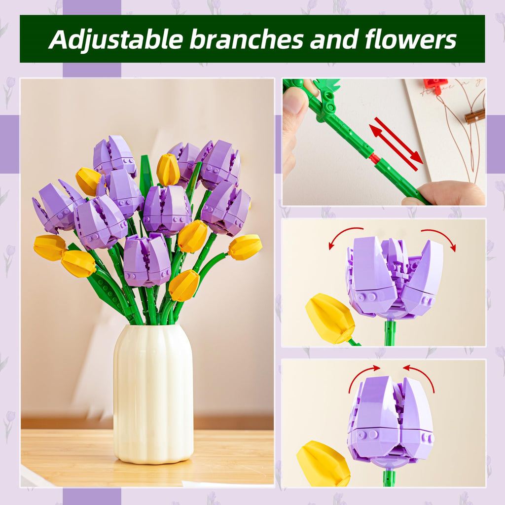 Sawaruita Purple Tulip Flower Bouquet Building Block Sets for Adult Women | Botanical Collection with Vase, Home Decor Gifts for Mothers Day,Valentines,Birthday
