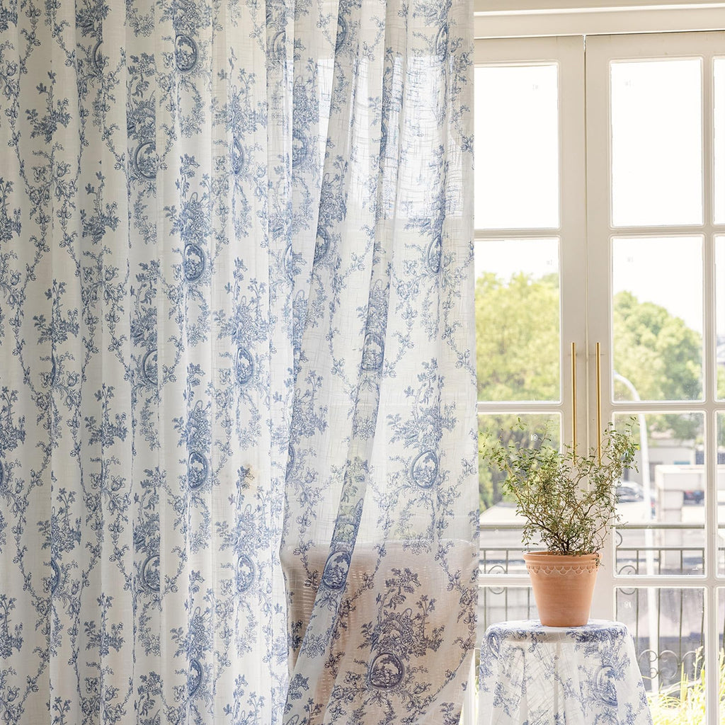 SUOUO Blue Leaf Semi Sheer White Curtains for Bedroom Dining Living Room Linen Textured 84 inches Long Rod Pocket Boho Window Drapes 2 Panels
