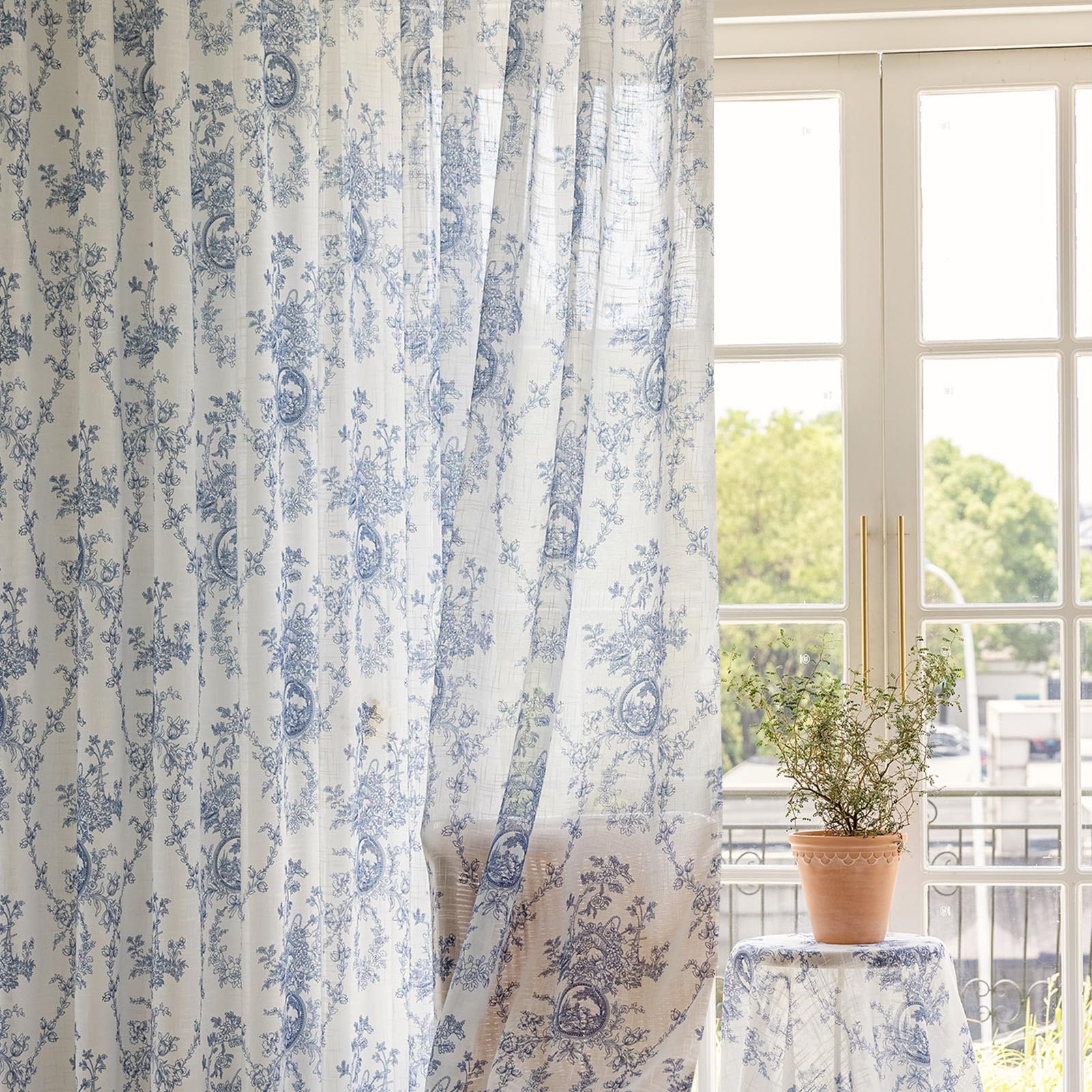SUOUO Blue Leaf Semi Sheer White Curtains for Bedroom Dining Living Room Linen Textured 84 inches Long Rod Pocket Boho Window Drapes 2 Panels