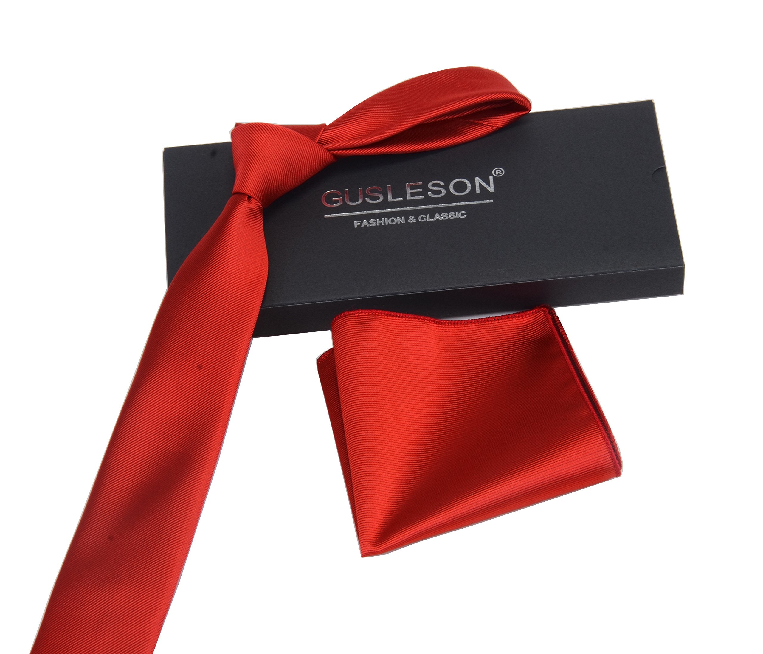 GUSLESON 2.4" Slim Necktie and Handkerchief Set For Men Solid Skinny Tie Set